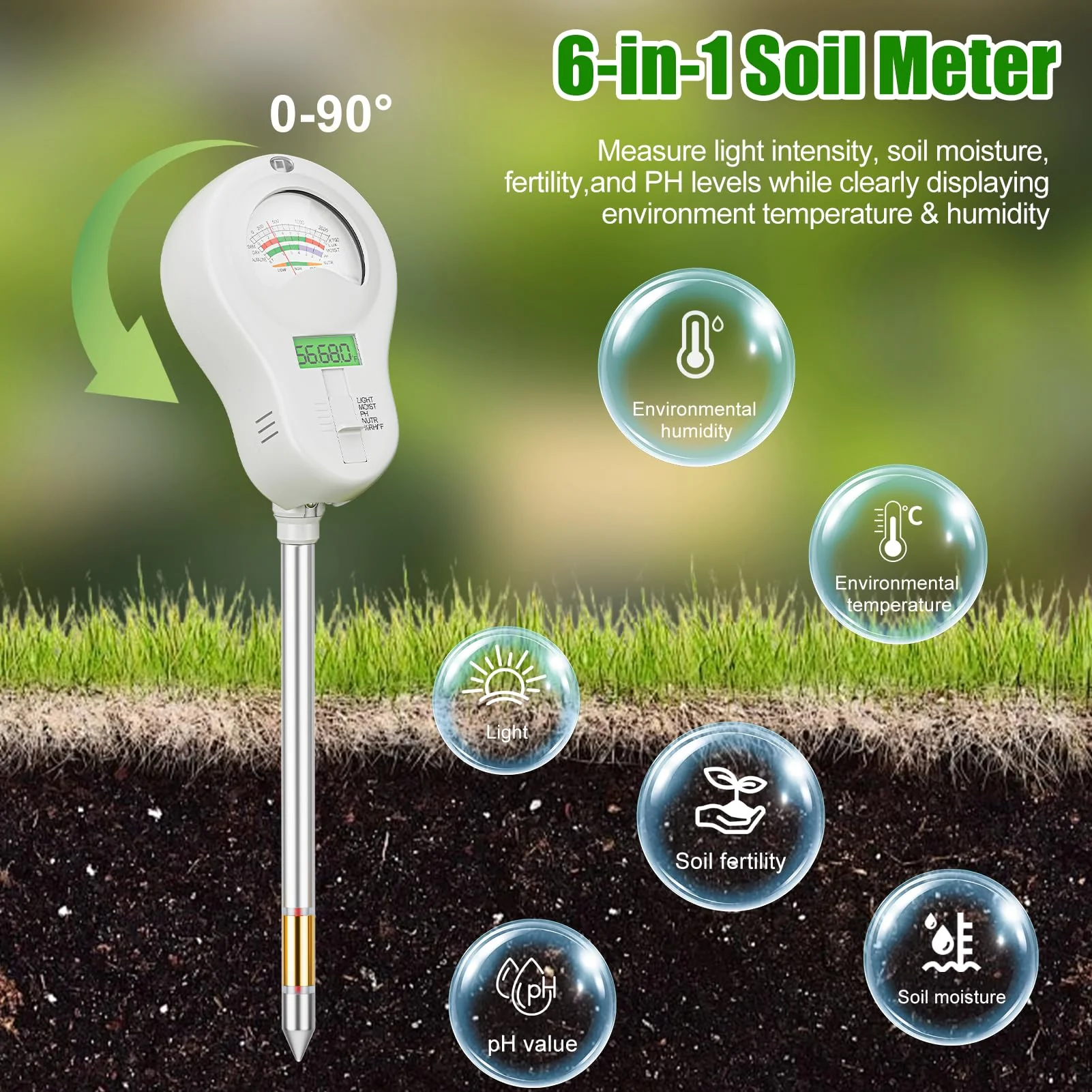 SPECILITE 6-in-1 Soil Tester, Digital Soil Moisture Meter/PH Meter/Sunlight/Temperature/Fertility Monitor with 2 Removable Probe, Dual Screen Soil Test Kit for Gardening, Lawn, Indoor & Outdoor Plant - Image 2