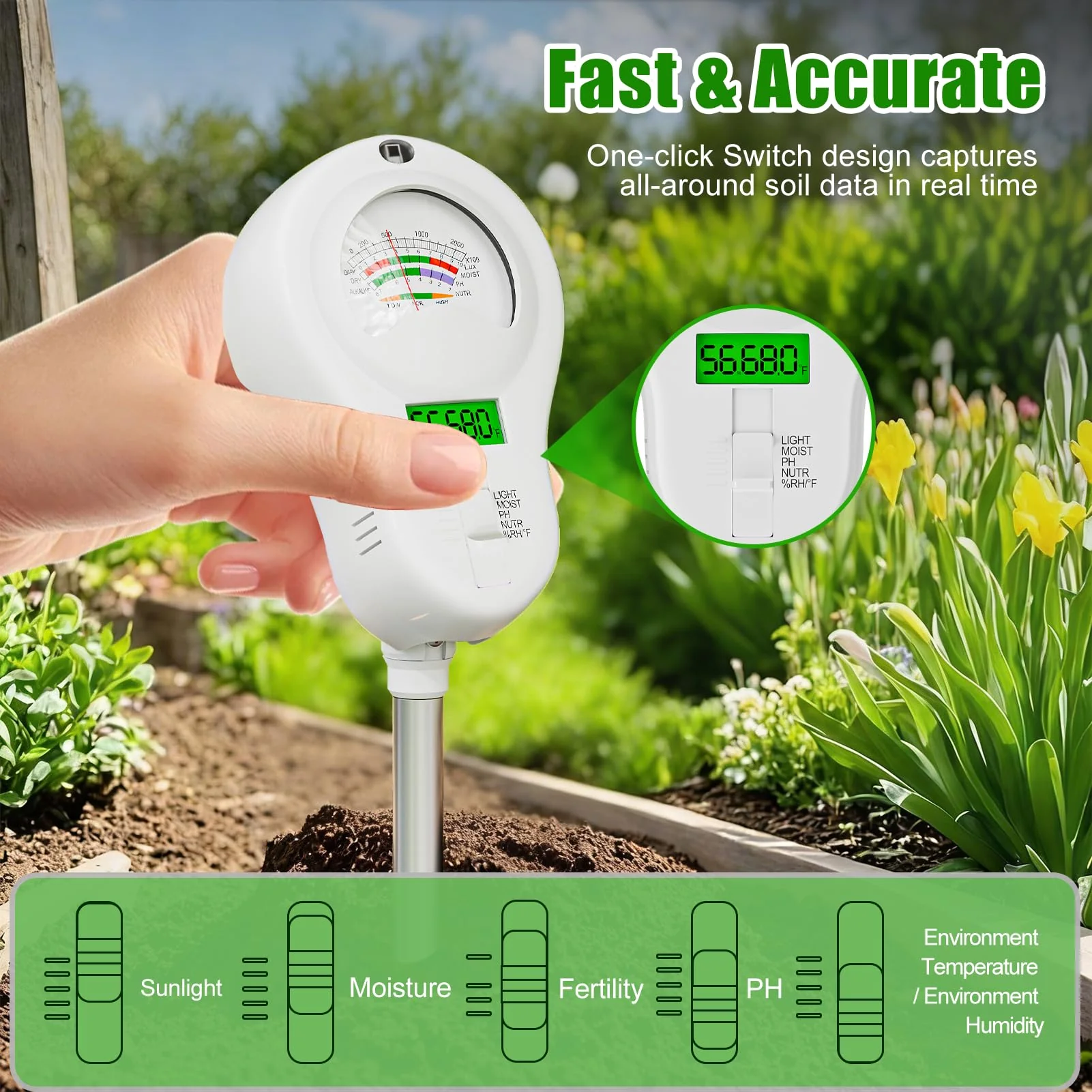 SPECILITE 6-in-1 Soil Tester, Digital Soil Moisture Meter/PH Meter/Sunlight/Temperature/Fertility Monitor with 2 Removable Probe, Dual Screen Soil Test Kit for Gardening, Lawn, Indoor & Outdoor Plant - Image 5