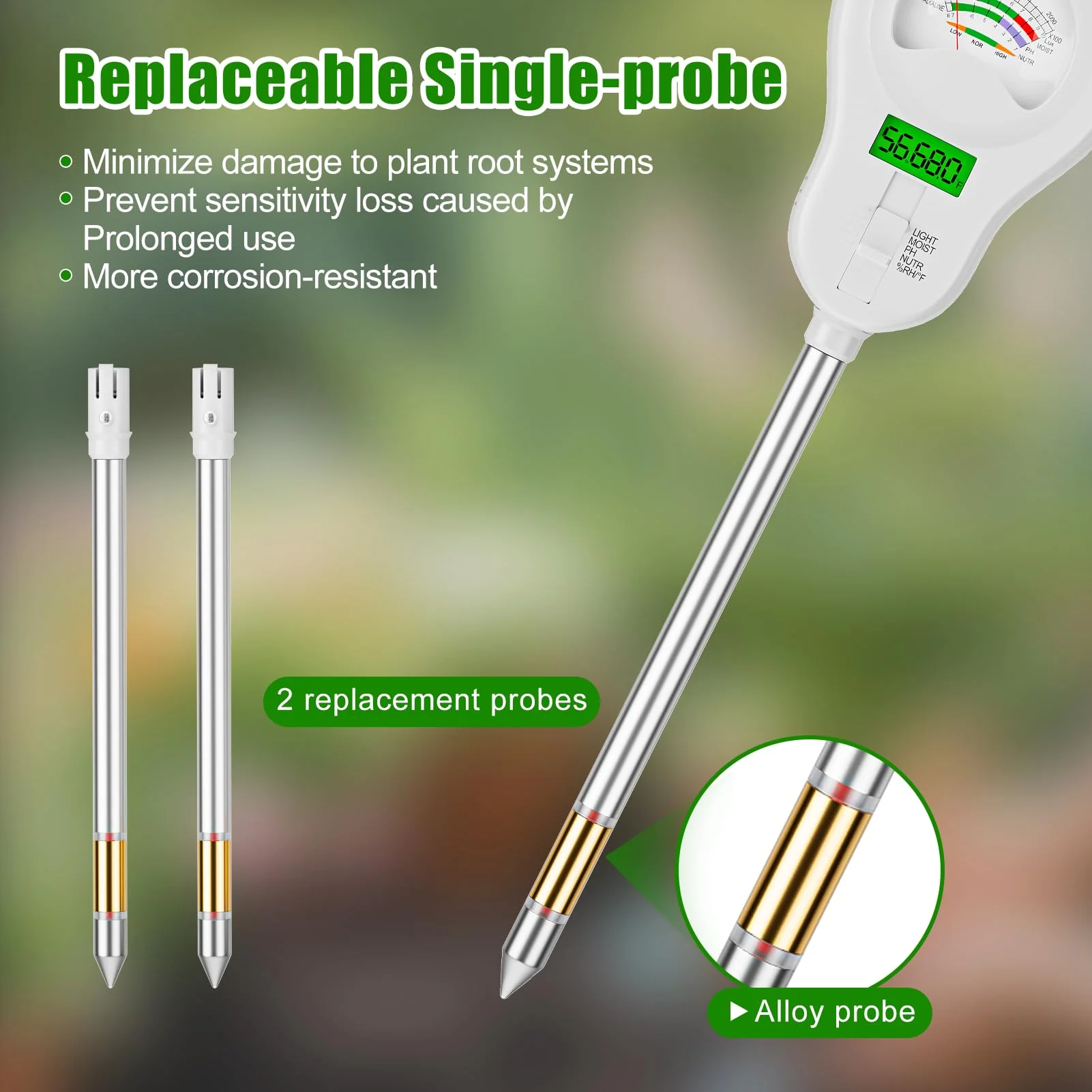 SPECILITE 6-in-1 Soil Tester, Digital Soil Moisture Meter/PH Meter/Sunlight/Temperature/Fertility Monitor with 2 Removable Probe, Dual Screen Soil Test Kit for Gardening, Lawn, Indoor & Outdoor Plant - Image 6