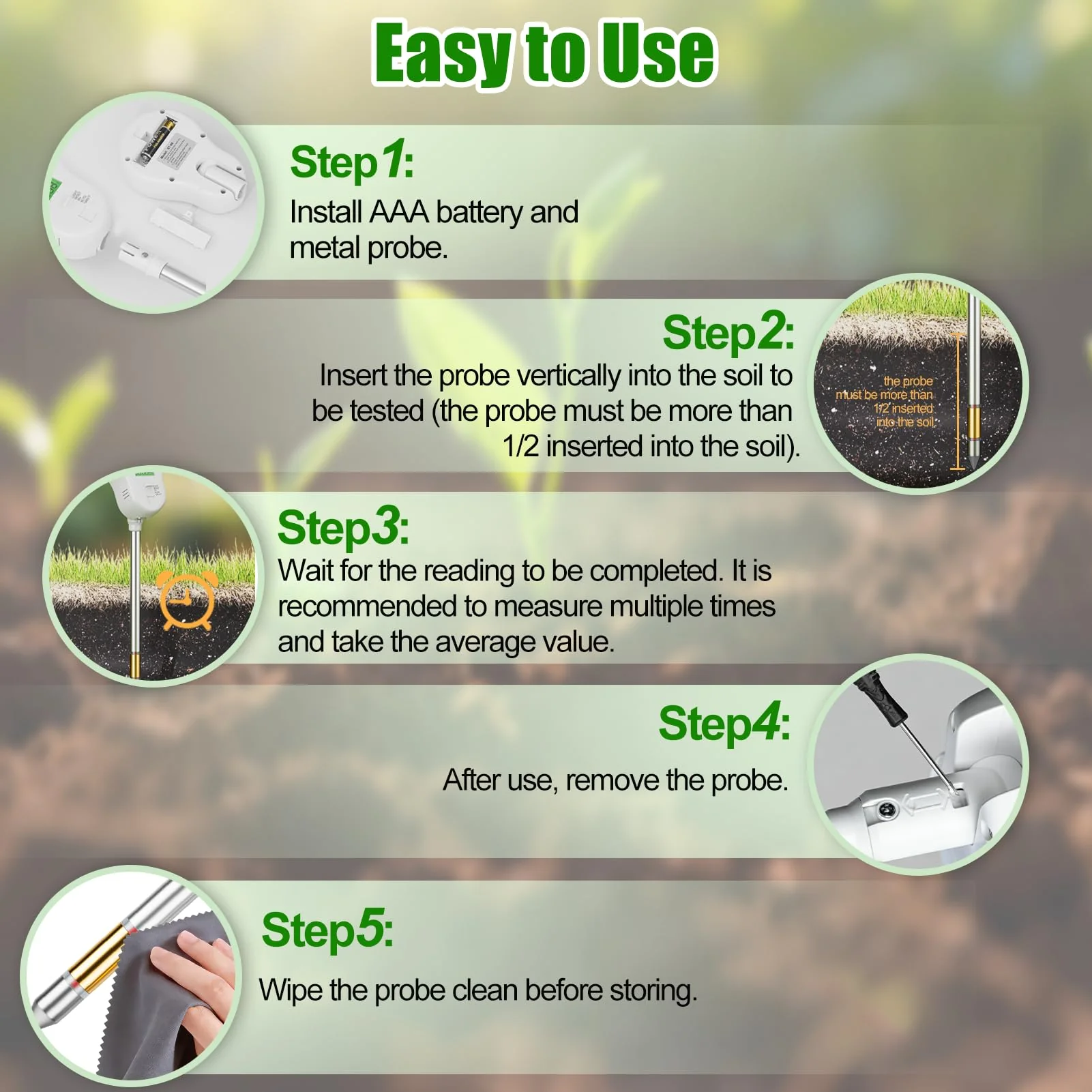 SPECILITE 6-in-1 Soil Tester, Digital Soil Moisture Meter/PH Meter/Sunlight/Temperature/Fertility Monitor with 2 Removable Probe, Dual Screen Soil Test Kit for Gardening, Lawn, Indoor & Outdoor Plant - Image 7