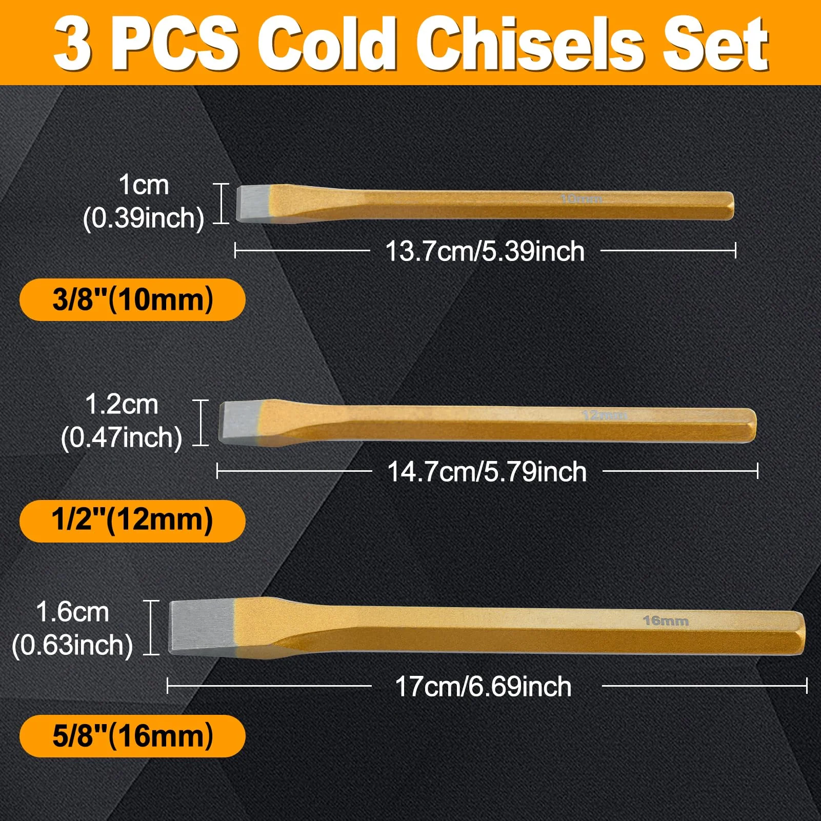 SPEEDWOX 3 Piece Heavy Duty Cold Chisel Set, 3/8", 1/2", 5/8", Metal, Burel Set, Cold Steel Rock, Burel Comes In A Roll-up Storage Bag For Cutting Rivets And - Image 2