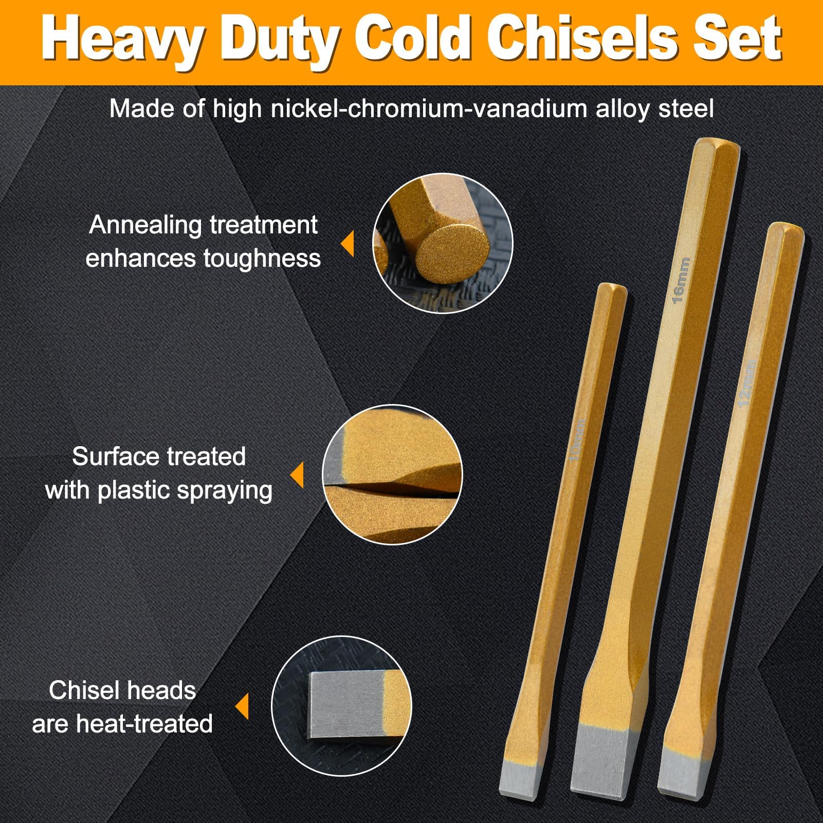 SPEEDWOX 3 Piece Heavy Duty Cold Chisel Set, 3/8", 1/2", 5/8", Metal, Burel Set, Cold Steel Rock, Burel Comes In A Roll-up Storage Bag For Cutting Rivets And - Image 5