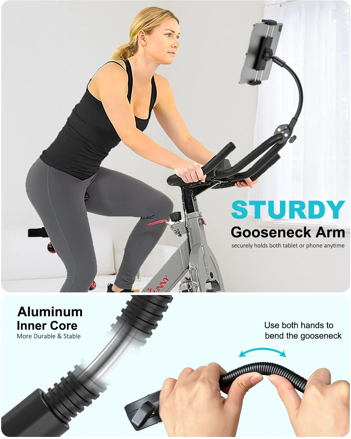 Spin Bike Tablet Holder, Metal Gooseneck Treadmill Tablet Mount, Anti-Shake Treadmill Tablet Mount, Stationary Elliptical Handlebar Clamp for iPad Pro 13 12.9 Mini Air, Tab, Z Fold,4-13" Device - Image 2