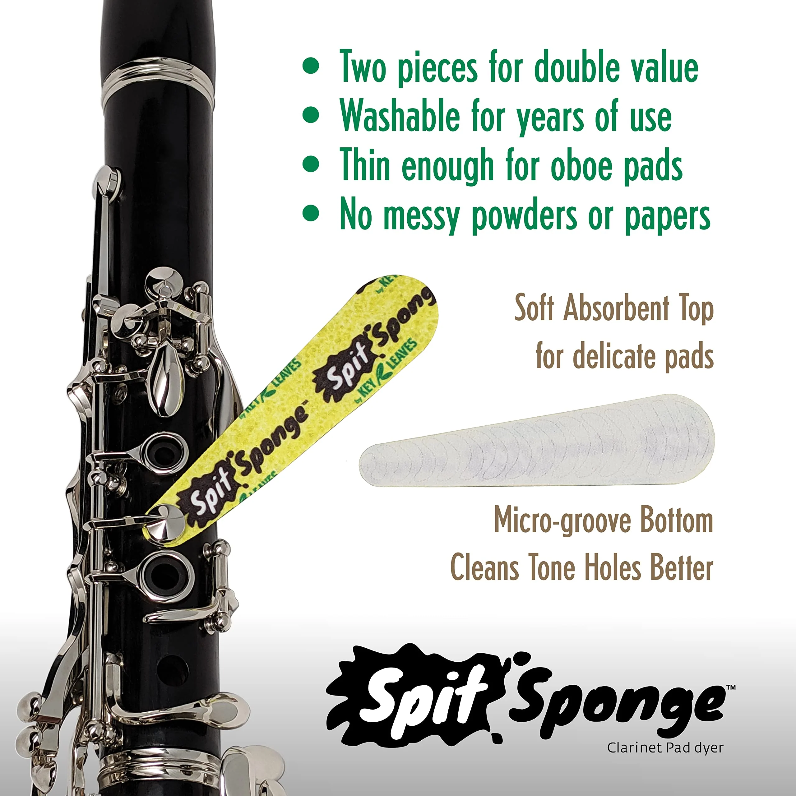 Spit Sponge (2 piece) Pad Dryer Cleaner for Clarinet, Flute, Oboe, Bassoon, by Key Leaves - Image 2