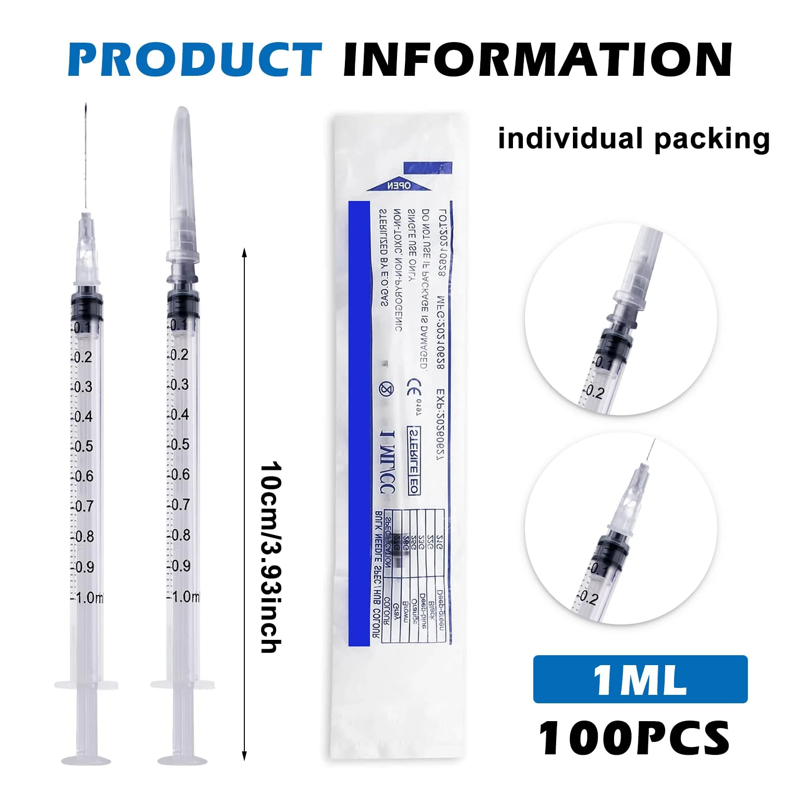 SPORWAY Pack of 100 Sterile Syringes, 1 ml Plastic Syringe with Needles with Caps, Colostrum Syringe 1 ml Dosing Syringe for Refilling and Measuring Liquids, Pet Feeding (White) White - Image 2