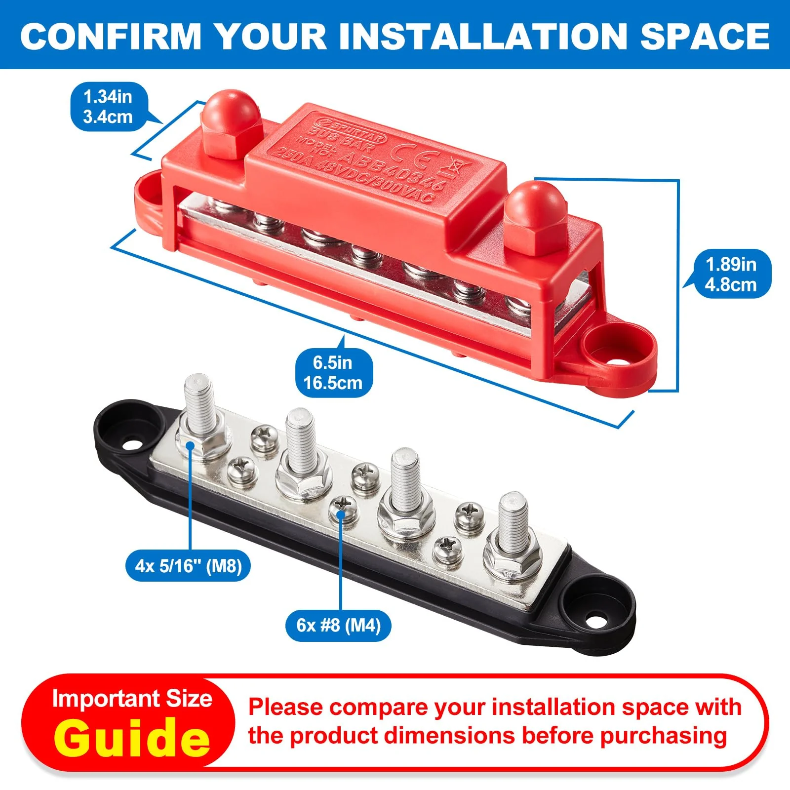 Spurtar 12V Bus Bar 12V Power Distribution Block 4X 5/16'' M8 Stud 6X #8 M4 Screws Bus Bar Terminal Block 12V 24V 48V 250A Battery Bus Bar for Car Truck RV ATV Boat Trailer Red Black Pair 4 x 5/16'' M8 - 6x #8 Screws - Image 2