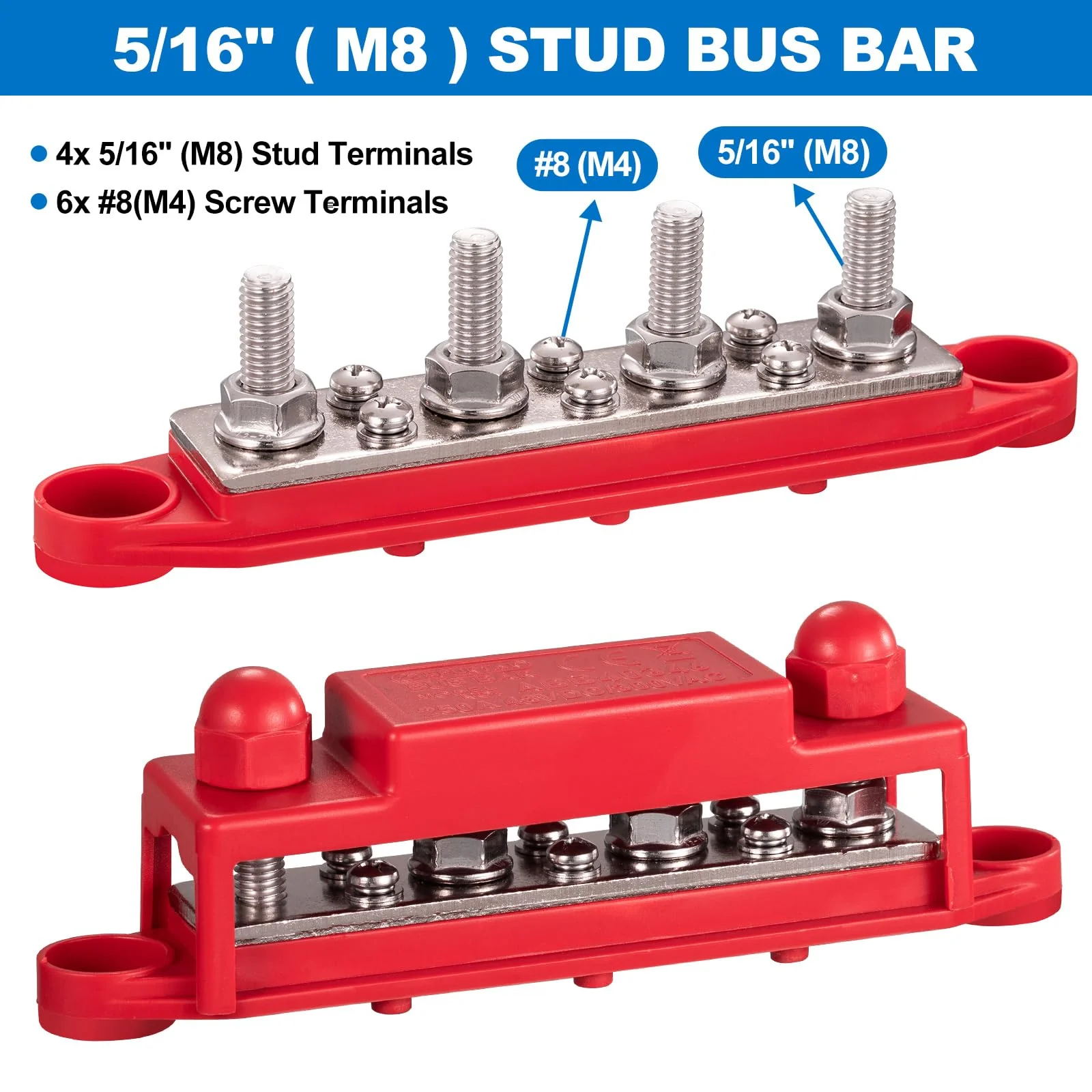 Spurtar 12V Bus Bar 12V Power Distribution Block 4X 5/16'' M8 Stud 6X #8 M4 Screws Bus Bar Terminal Block 12V 24V 48V 250A Battery Bus Bar for Car Truck RV ATV Boat Trailer Red Black Pair 4 x 5/16'' M8 - 6x #8 Screws - Image 3