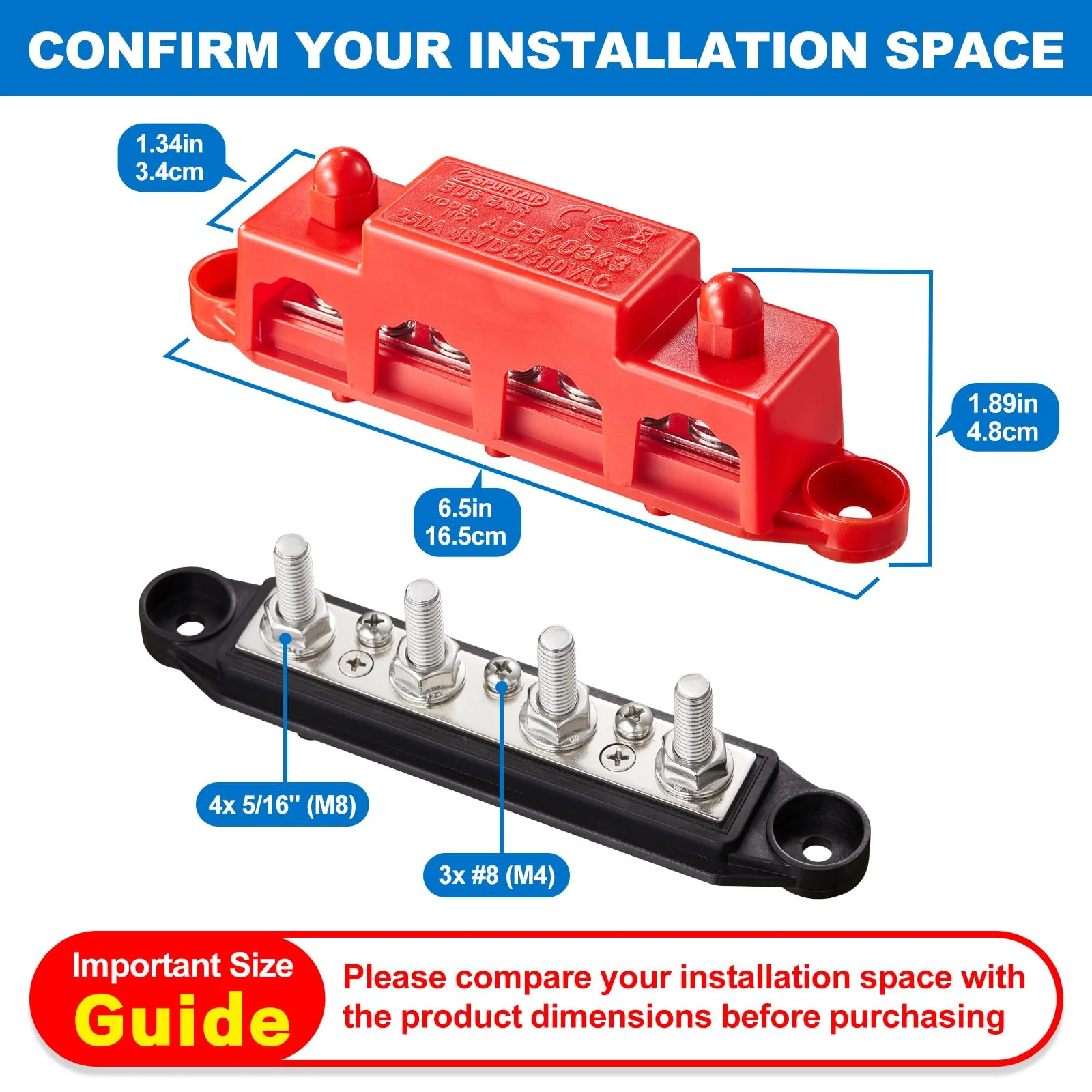 Spurtar 12V Bus Bar 12V Power Distribution Block with 4X 5/16'' M8 Terminal Studs, 3X #8 M4 Screws Bus Bar Terminal Block 12V 24V 48V 250A for Car Truck RV ATV Boat Trailer Red Black Pair 4x 5/16'' M8 Posts - 3#8 Screws - Image 2