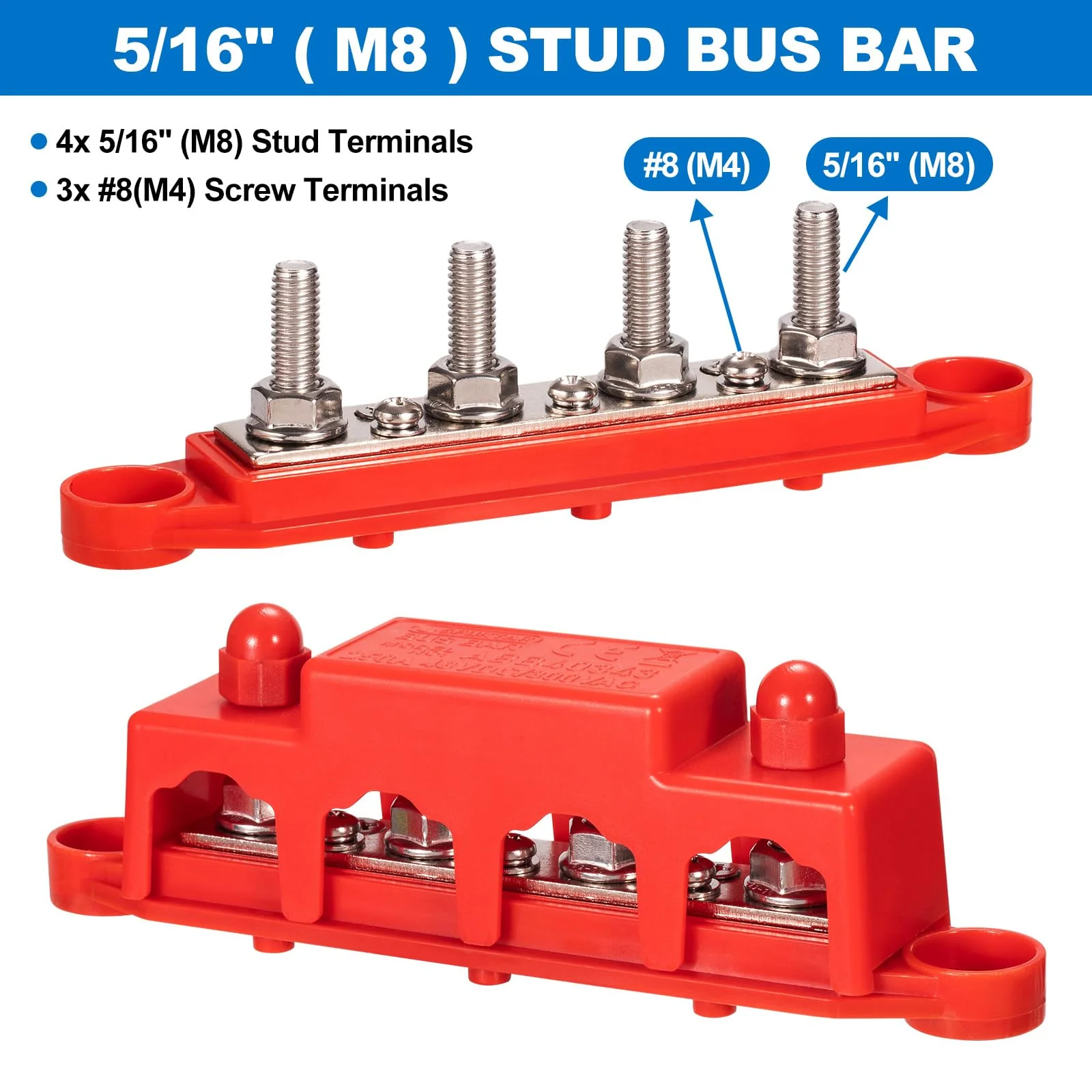 Spurtar 12V Bus Bar 12V Power Distribution Block with 4X 5/16'' M8 Terminal Studs, 3X #8 M4 Screws Bus Bar Terminal Block 12V 24V 48V 250A for Car Truck RV ATV Boat Trailer Red Black Pair 4x 5/16'' M8 Posts - 3#8 Screws - Image 3