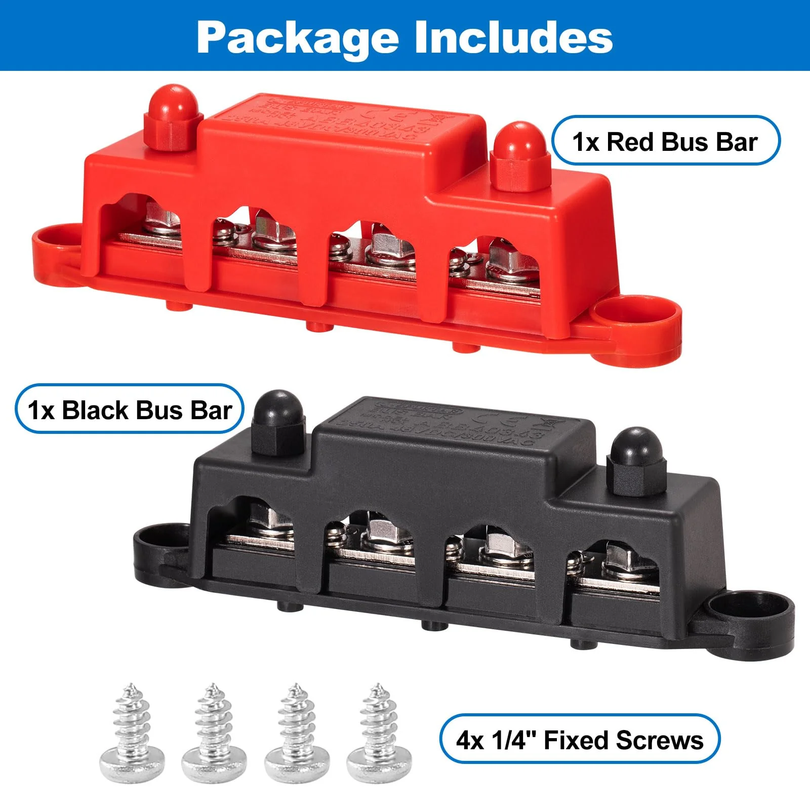 Spurtar 12V Bus Bar 12V Power Distribution Block with 4X 5/16'' M8 Terminal Studs, 3X #8 M4 Screws Bus Bar Terminal Block 12V 24V 48V 250A for Car Truck RV ATV Boat Trailer Red Black Pair 4x 5/16'' M8 Posts - 3#8 Screws - Image 7