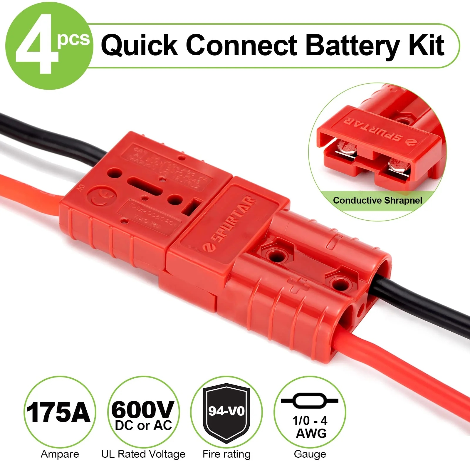 Spurtar 175A Battery Quick Connect/Disconnect, 1/0 AWG Wire Harness Plug, 12-36V Quick Connect Jumper Cables for Car ATV Lifts Motors Trailer Towing Winch, 4Pcs, Red 175A(4 Pack) - Image 3