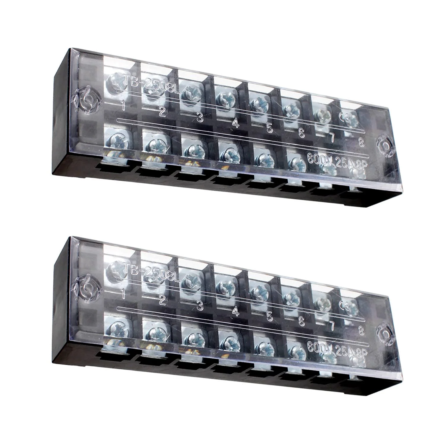 SRJQXH 2 Piece 8 Bit Screw Terminal Strip Set, 600 V 25 A Double Row Screw Terminals, Pre-Insulated Terminal Barrier Strip with Protective Case, for Household Appliances, Electronic Circuit
