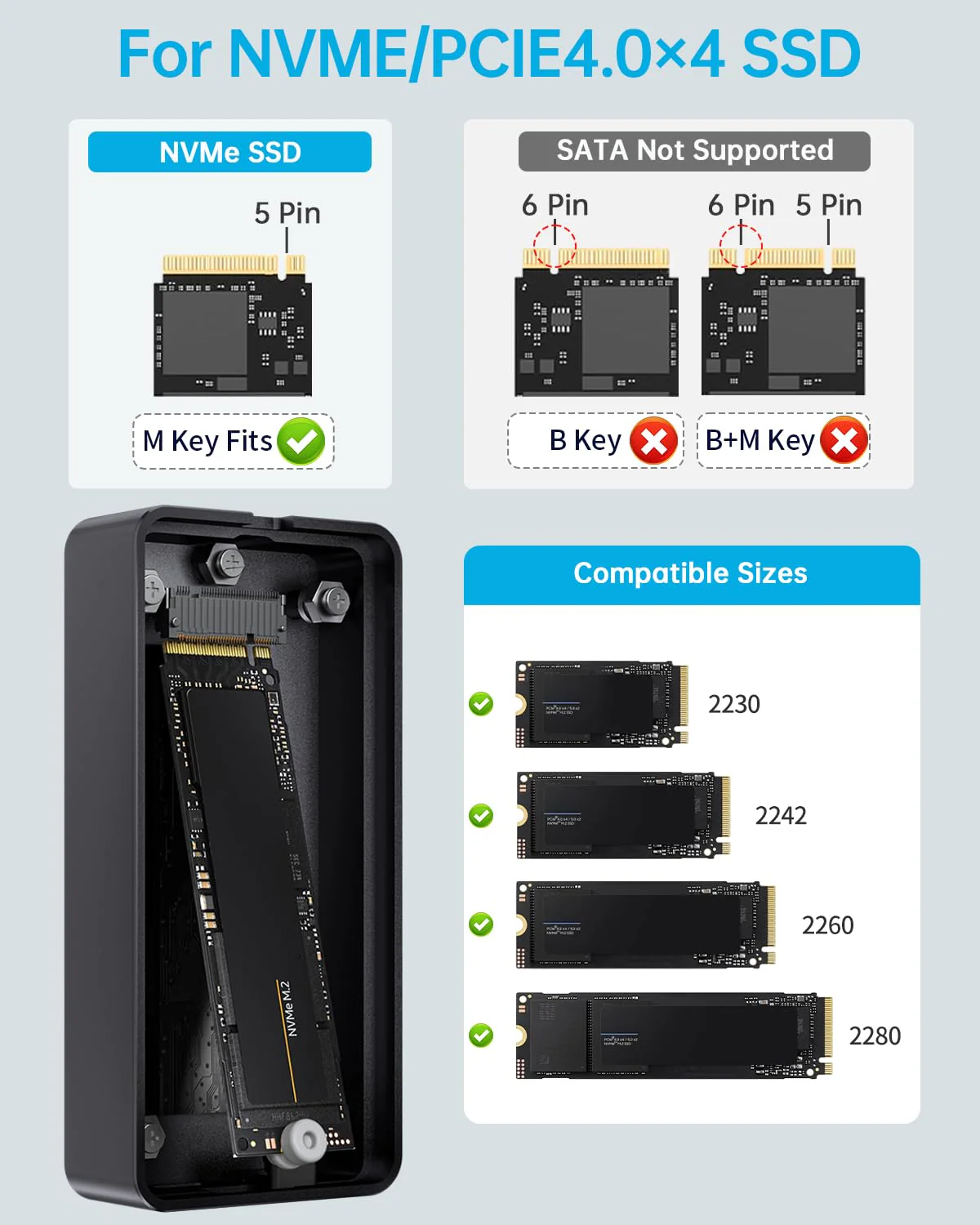 SSK M.2 SSD Enclosure 40Gbps, PCIe4 NVMe to USB4 NVMe Enclosure USB C Compatible with Thunderbolt, 2280/2260/2242/2230 SSD Case Adapter M-Key with LED Indicator Aluminum Alloy - Image 2