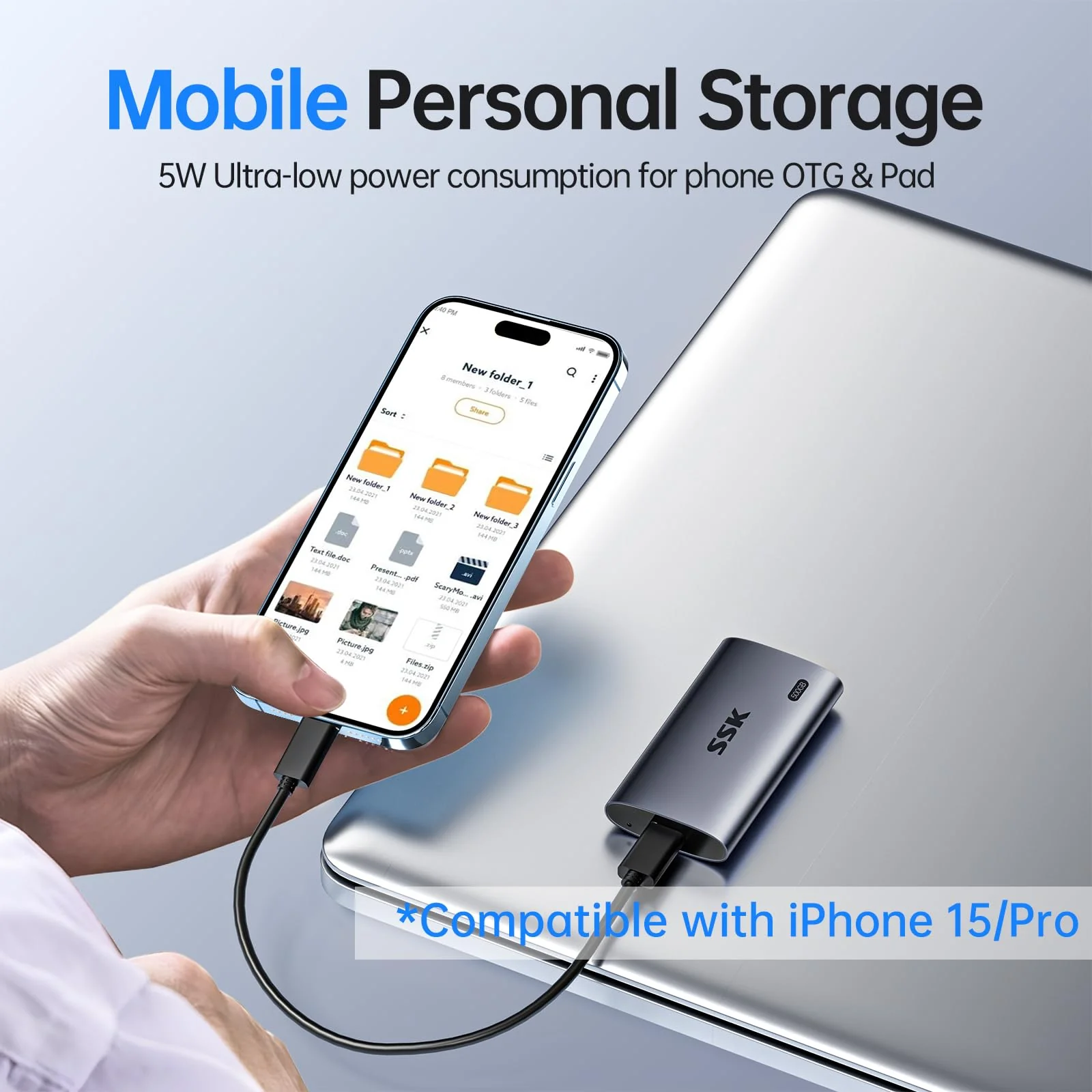 SSK Portable SSD 500GB, up to 2000MB/s External Solid State Drives, USB 3.2 Gen2X2 NVMe SSD External Hard Drive, Ultra Low Power Consumption for iPhone 15/ MacBook/Pro/OTG Phone/Laptops - Image 5
