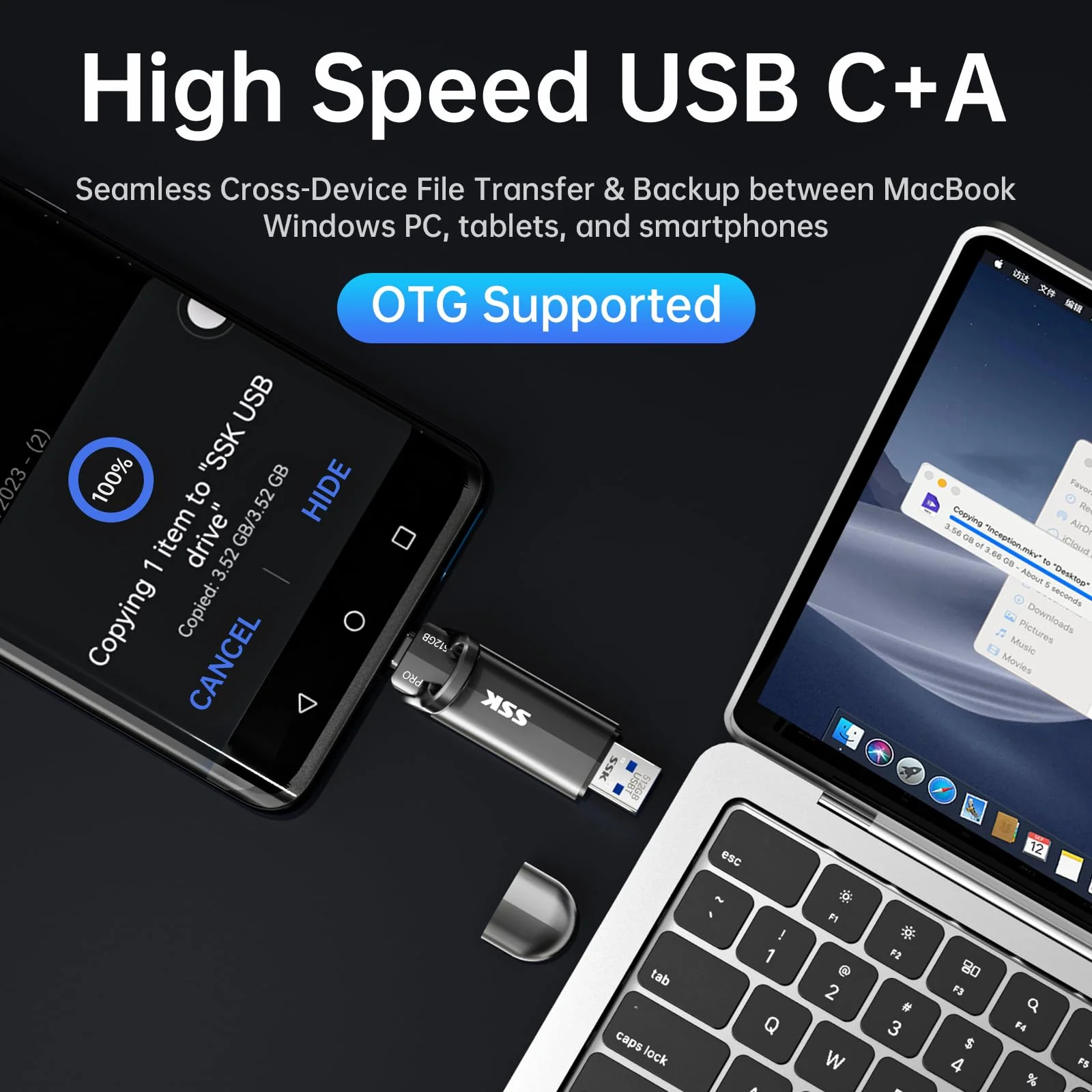 SSK USB SSD External 512GB, 1000MB/s Solid State Drives No Speed Drop, USB A + USB C 3.2 Gen 2 Portable SSD Photo Stickfor iPhone 15/Pro, Windows, Mac, Android Phones… - Image 3