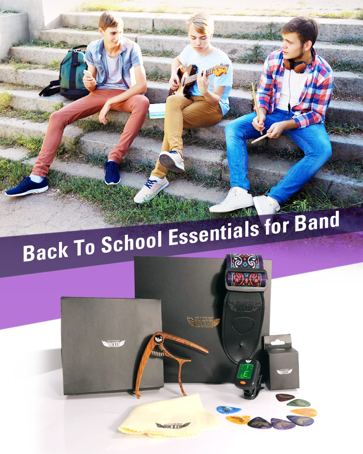 Stage Rocker Guitar Accessories Gift Box for Acoustic and Electric Guitars, 5-in-1 Essential Gift Purple - Image 2