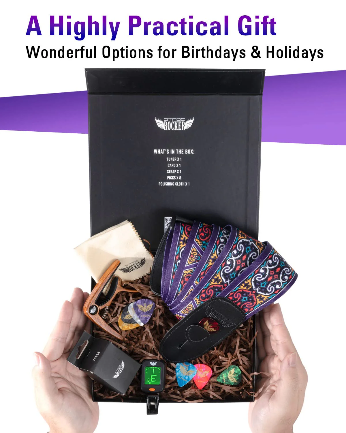 Stage Rocker Guitar Accessories Gift Box for Acoustic and Electric Guitars, 5-in-1 Essential Gift Purple - Image 3