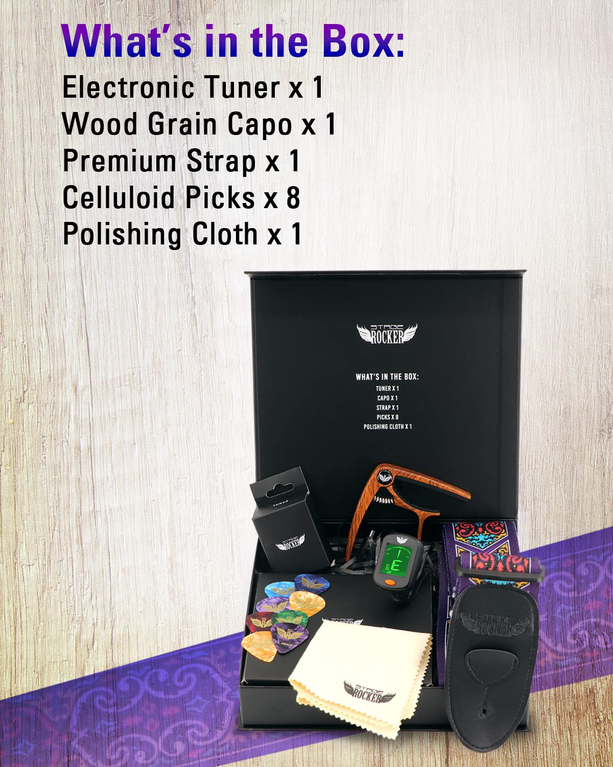 Stage Rocker Guitar Accessories Gift Box for Acoustic and Electric Guitars, 5-in-1 Essential Gift Purple - Image 7
