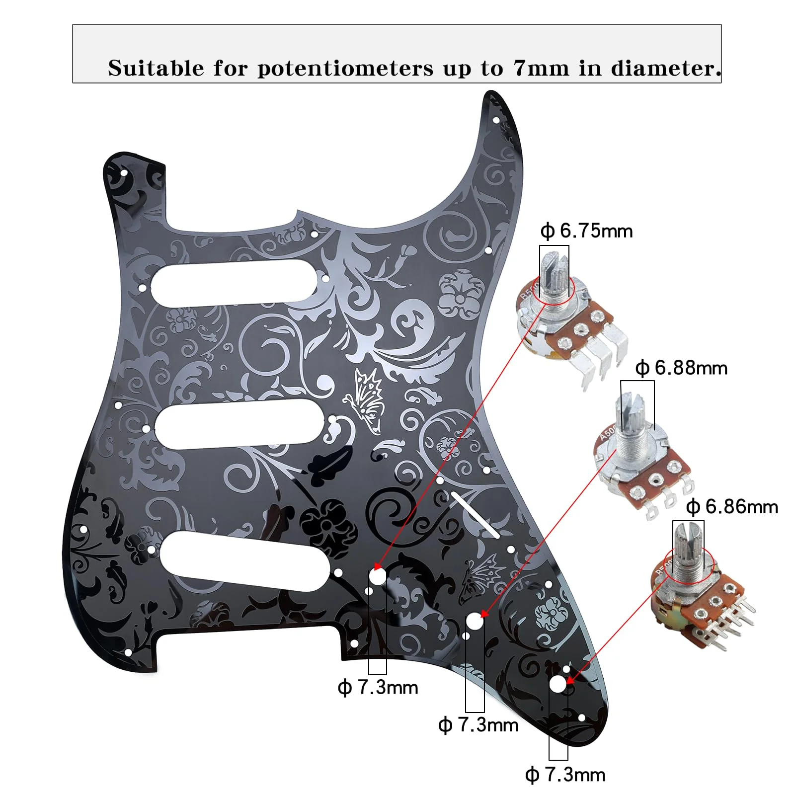 Stainless Steel Guitar Pick guard 11 holes SSS Single Coil Mounting Screws 9/32''Potentiometer Metal Electric Guitar Pickguard Compatible with Stratocaster Strat ST Style Guitar(Black) SSS-7mm Black - Image 2