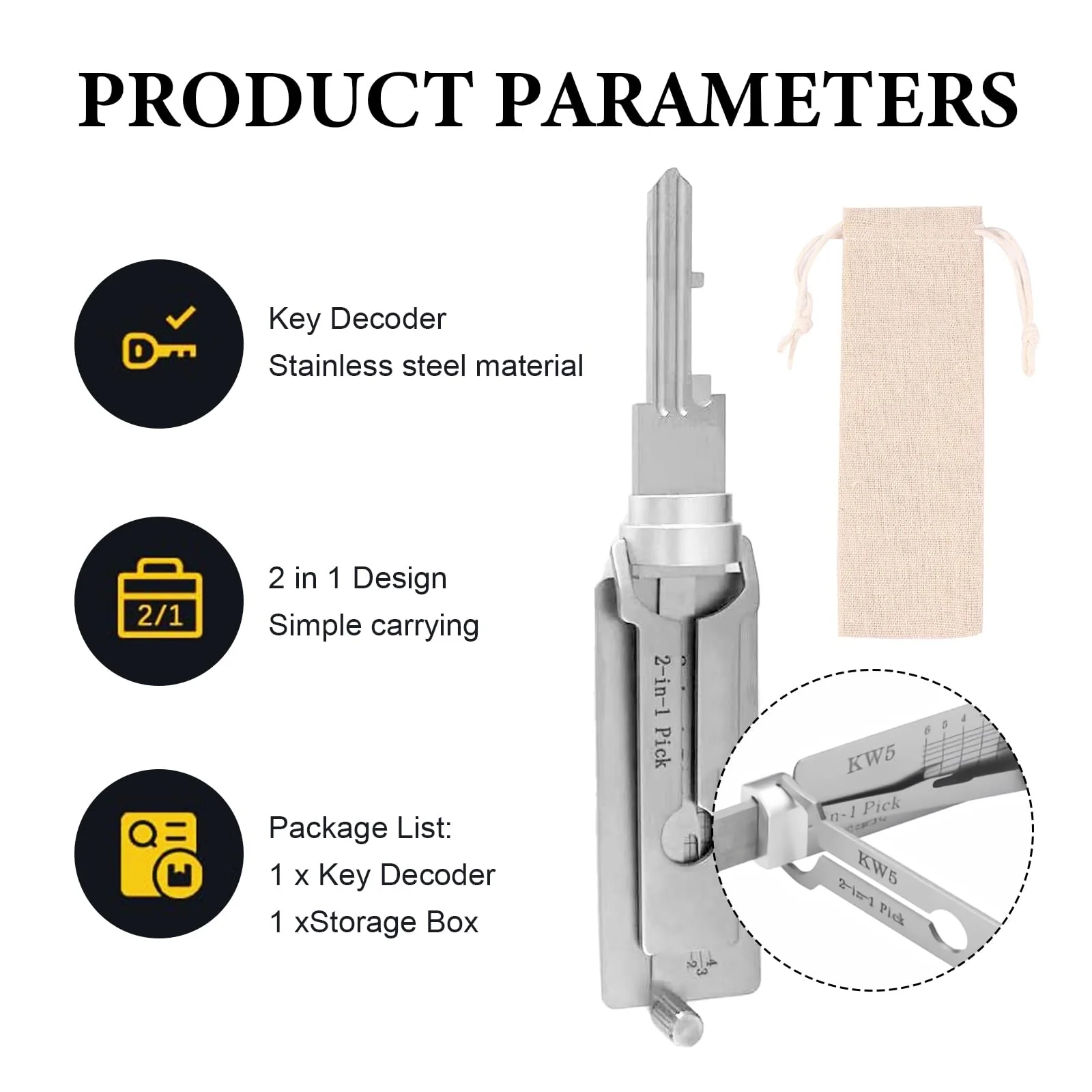 Stainless Steel Key Decoder, Decoder Key, Key Decoder Made of Stainless Steel, Key Decoder with 1 Storage Bag, for Door Lock, Bedroom Lock, Key Decoder KW5 - Image 5
