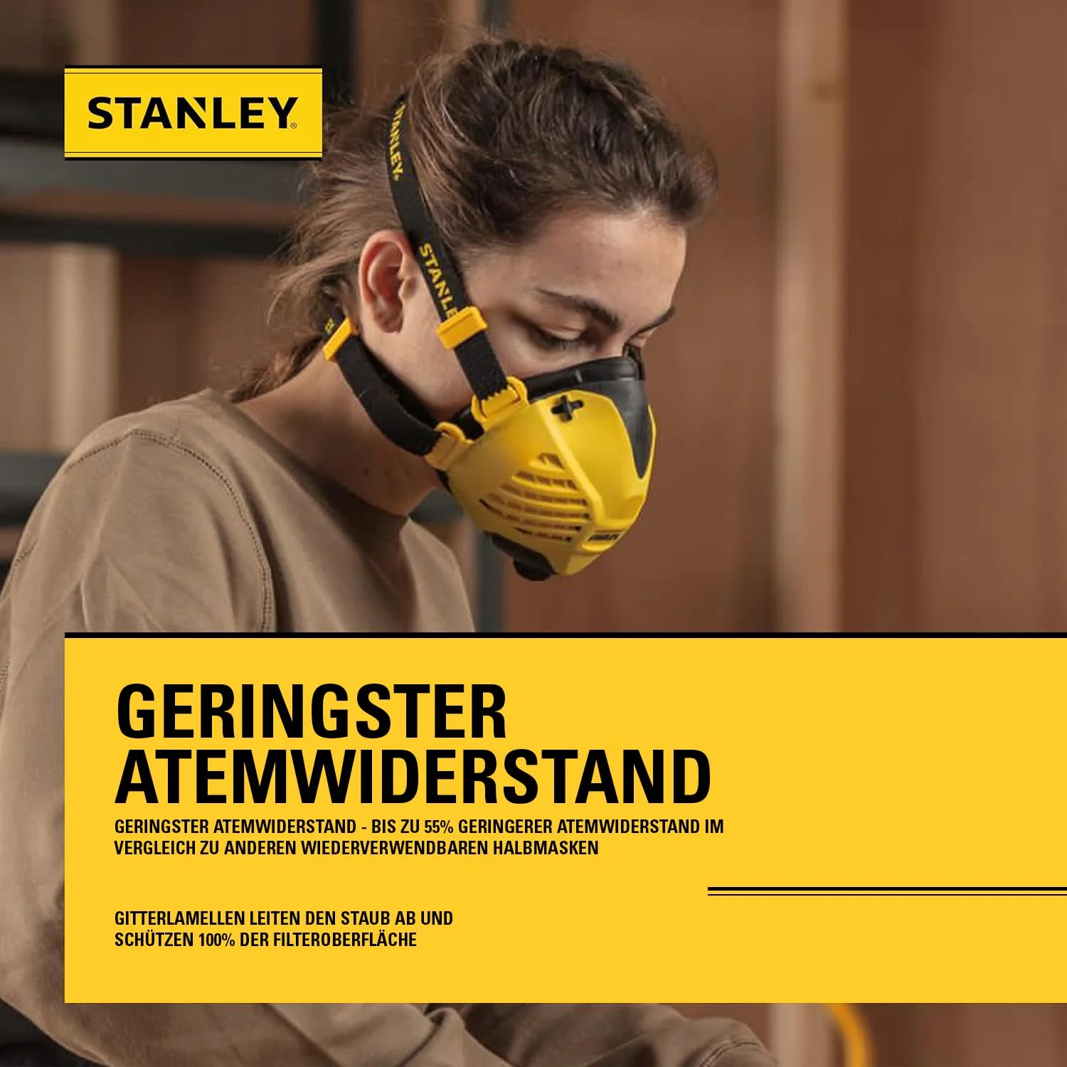 Stanley P3 Respirator Mask, Reusable Dust Mask with Face-Fit-Check Technology and Integrated 99.99% P3 Filters. Protective Mask, Breathing Mask, Fine Dust Mask, P3 Mask, Sanding Mask M/L - 133 mm - 158.5 mm - Image 5