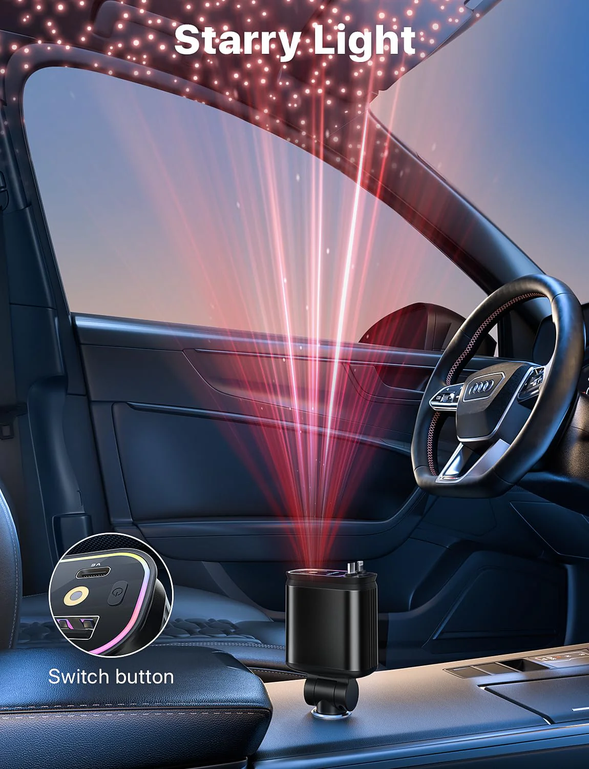 Starlight Retractable Car Charger with Retractable Cables, Starlight in Car Roof 4 in 1 Super Fast Car Phone Charger, 2 USB Ports Starry Sky Car Charger Adapter, Compatible with iPhone 15 14 13 Deep Black - Image 2