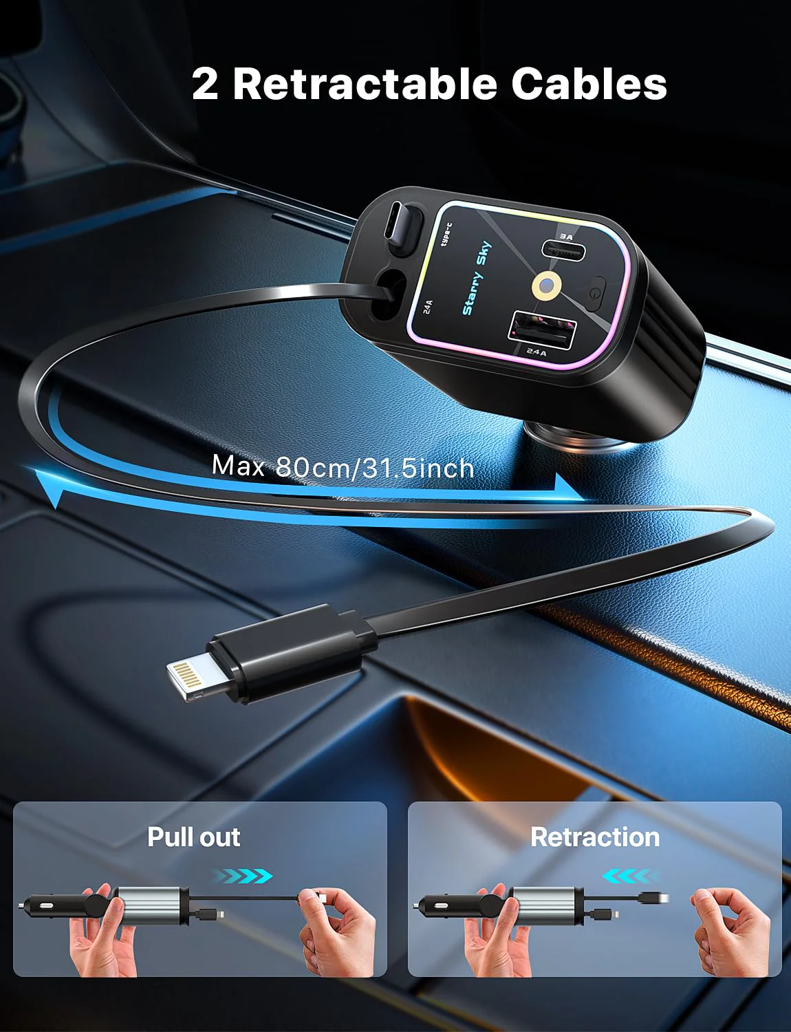 Starlight Retractable Car Charger with Retractable Cables, Starlight in Car Roof 4 in 1 Super Fast Car Phone Charger, 2 USB Ports Starry Sky Car Charger Adapter, Compatible with iPhone 15 14 13 Deep Black - Image 5