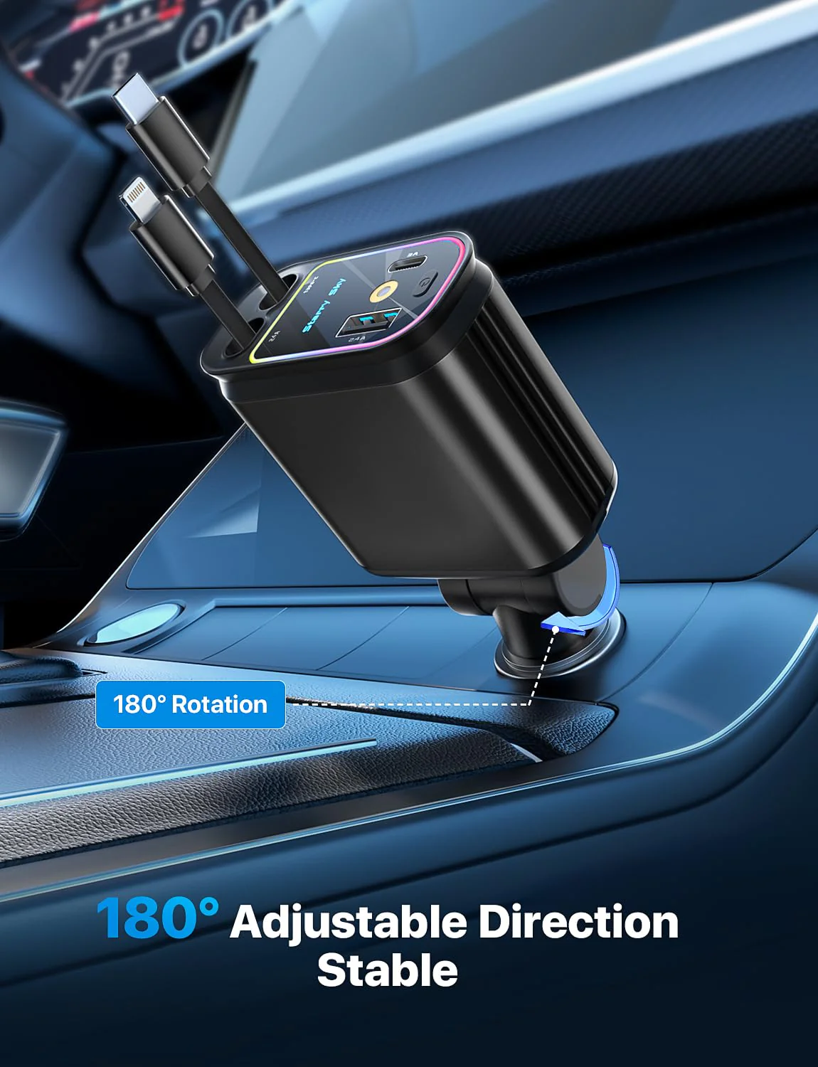 Starlight Retractable Car Charger with Retractable Cables, Starlight in Car Roof 4 in 1 Super Fast Car Phone Charger, 2 USB Ports Starry Sky Car Charger Adapter, Compatible with iPhone 15 14 13 Deep Black - Image 7