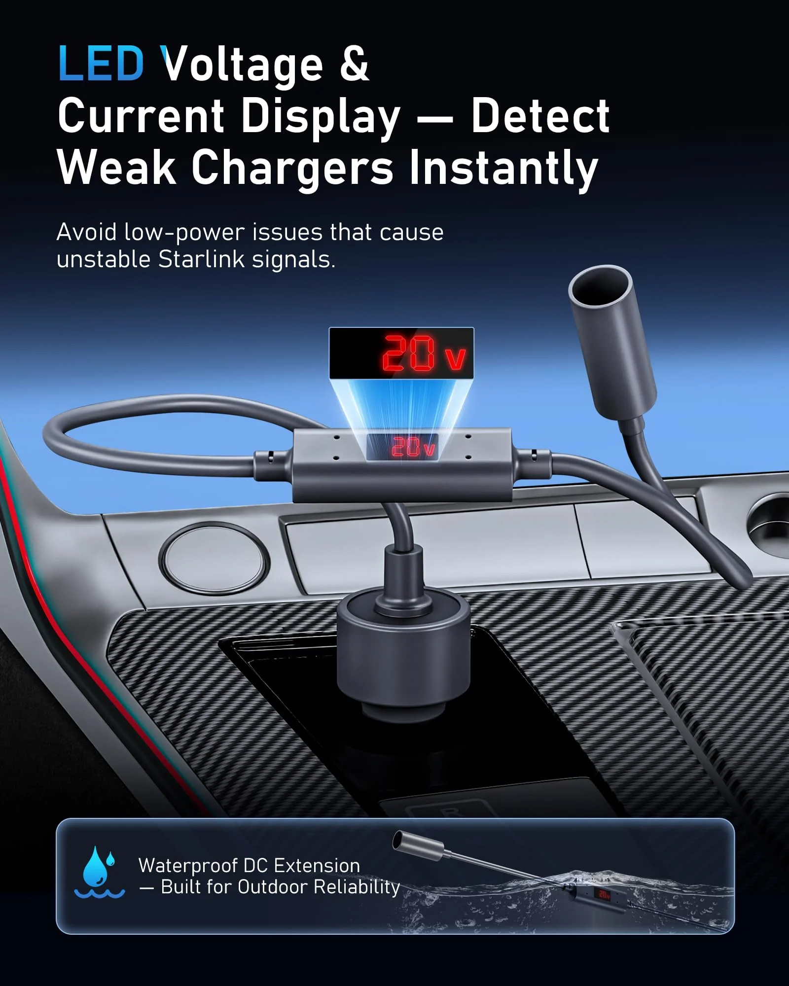 Starlink Mini Car Adapter 12V to 20V Step-Up Converter, 60W Car Cigarette Lighter Charger with LED Display, Supports Official 15m & 30m DC Cable, Stable Power for RV Camping, Trucking, Marine Use Converter Version - Image 3