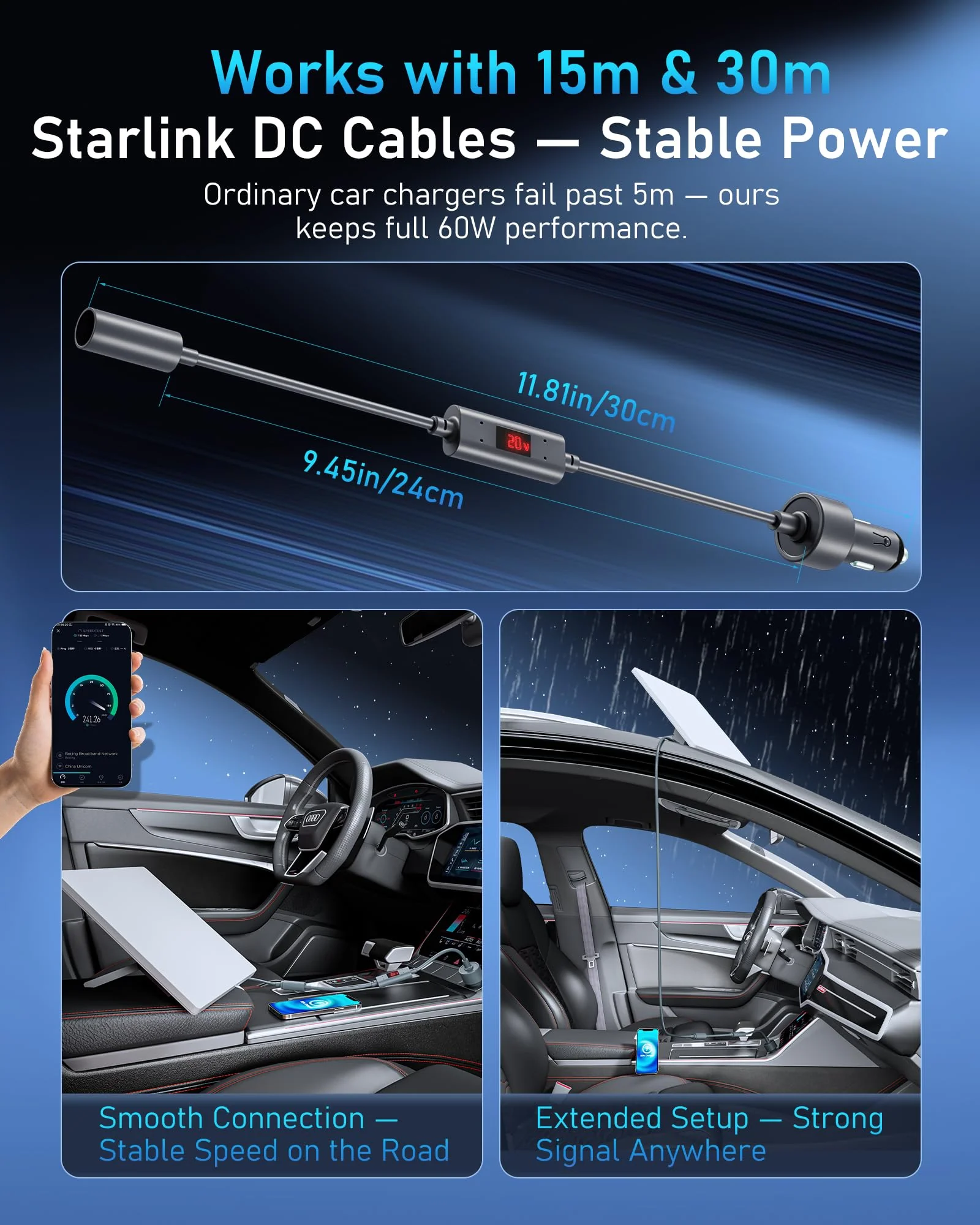 Starlink Mini Car Adapter 12V to 20V Step-Up Converter, 60W Car Cigarette Lighter Charger with LED Display, Supports Official 15m & 30m DC Cable, Stable Power for RV Camping, Trucking, Marine Use Converter Version - Image 4
