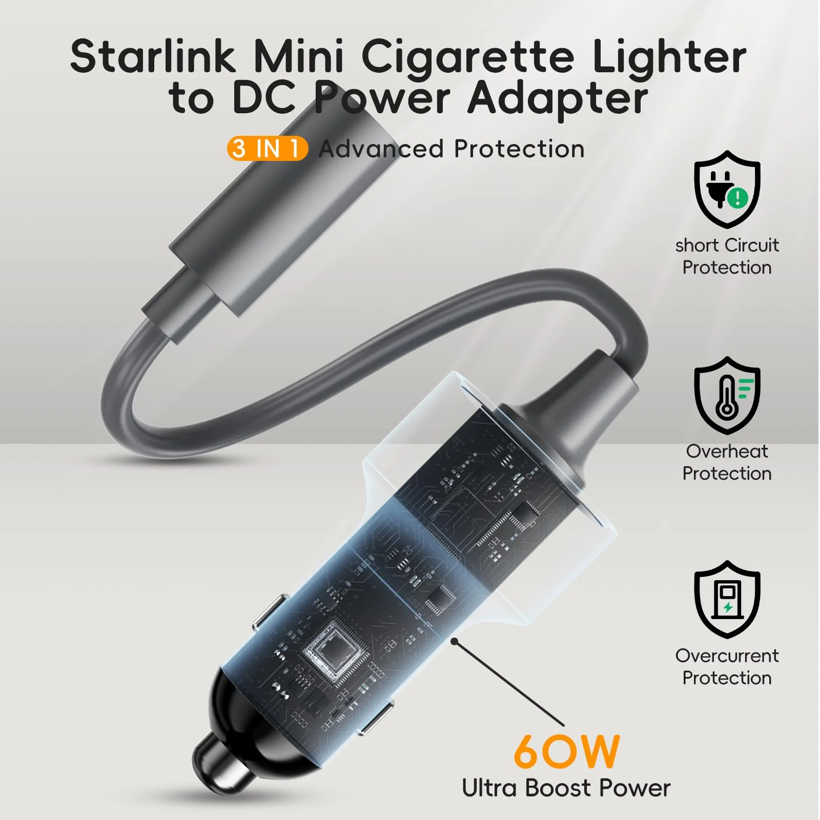 Starlink Mini Car Adapter with 16.4FT/5M DC Power Cable,12V to 24V DC Step Up Converter Boost Adapters, 60W Car Cigarette Lighter Adapter Supports 16 AWG 30M Starlink Cable for Trailer Cars/RVs/Ship - Image 8