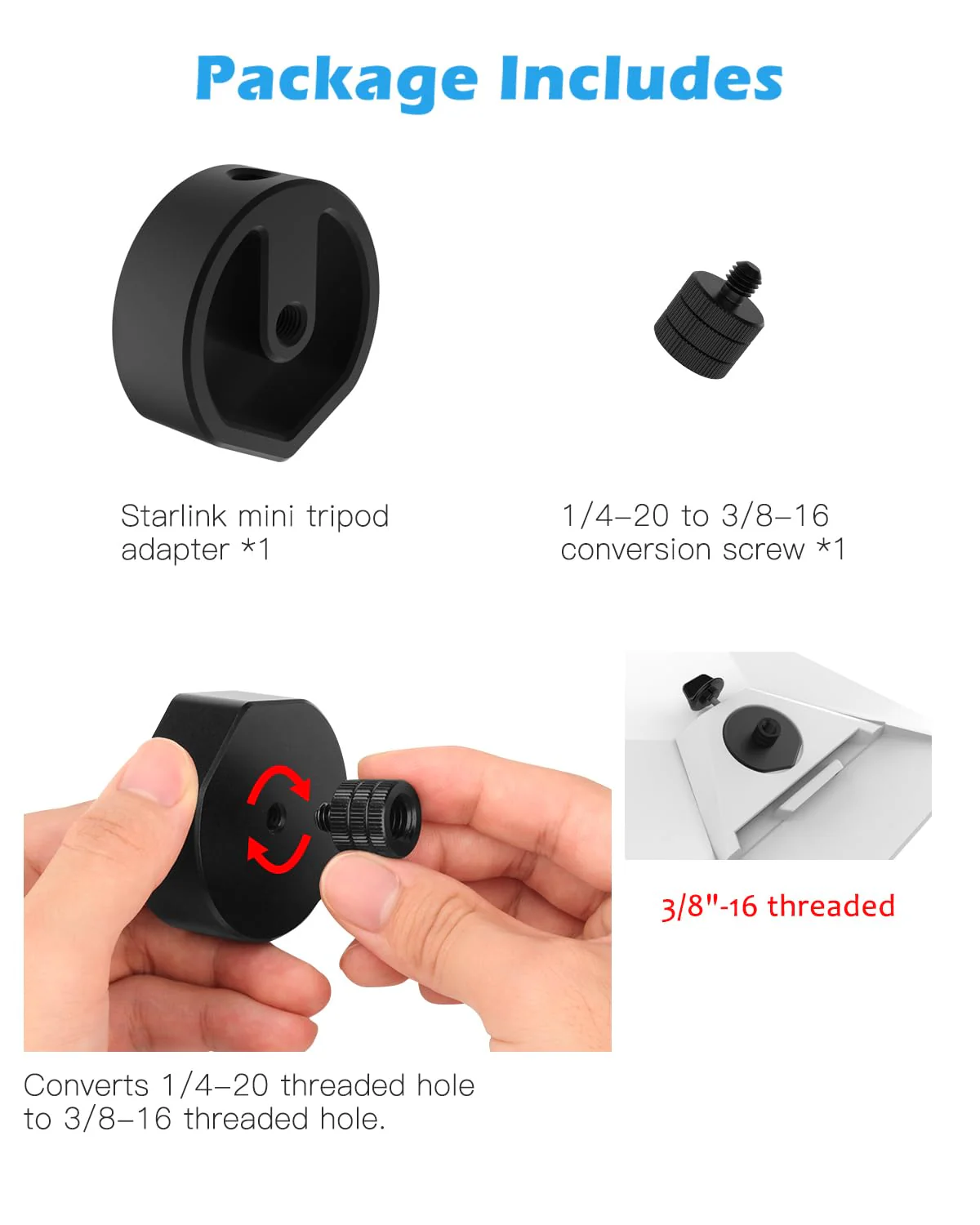 Starlink Mini Tripod Adapter - Aluminum Alloy Tripod Mount Adapter for Starlink Mini - 1/4"~20 and 3/8"~16 Threaded - Enables Tripod, Fixing Clamp or Other Bracket Fixing - Use with Pipe Adapter - Image 6