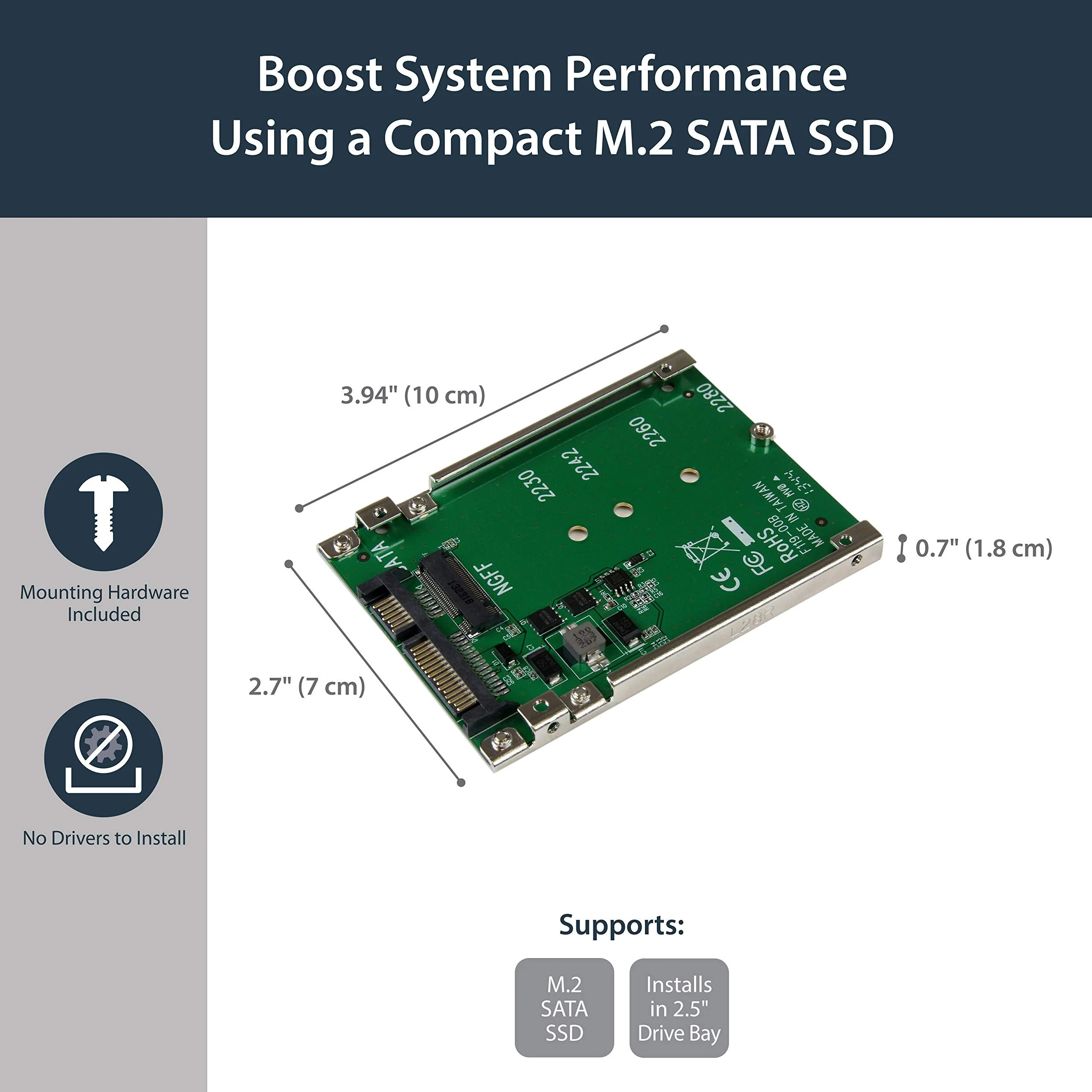 StarTech.com M.2 SATA SSD to 2.5" SATA Adapter, Not Compatible with NVMe, Open-Frame Bracket, 7mm High, M2 Hard Drive Adapter, TAA 1 Count (Pack of 1) - Image 2