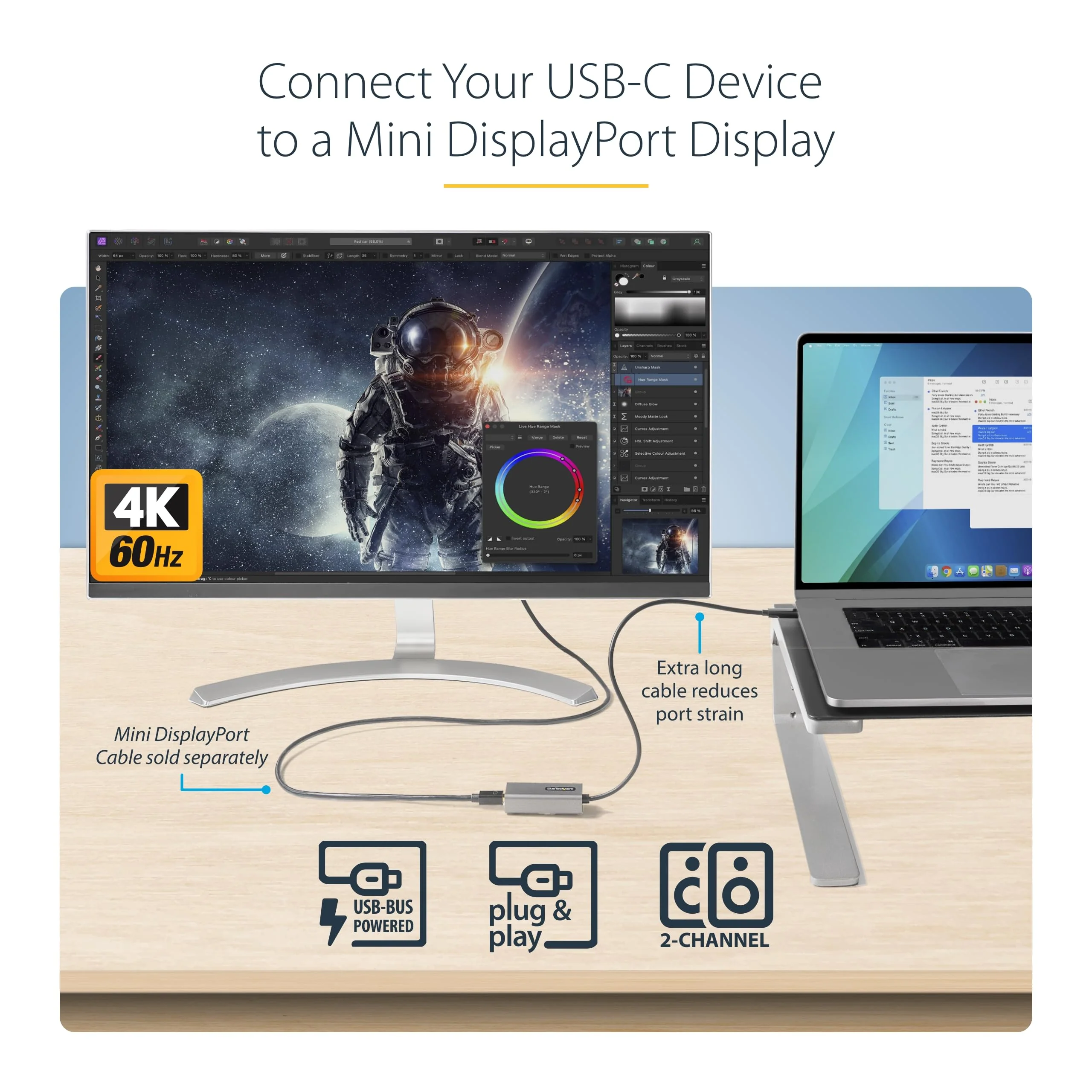 StarTech.com USB C to Mini DisplayPort Adapter, 4K 60Hz USB Type C to mDP/Mini DP Monitor Video Converter Dongle, Thunderbolt 3 Compatible, 12" Attached Cable, Upgraded Version of CDP2MDP (CDP2MDPEC) Space Gray 12" / 30 cm - Image 2