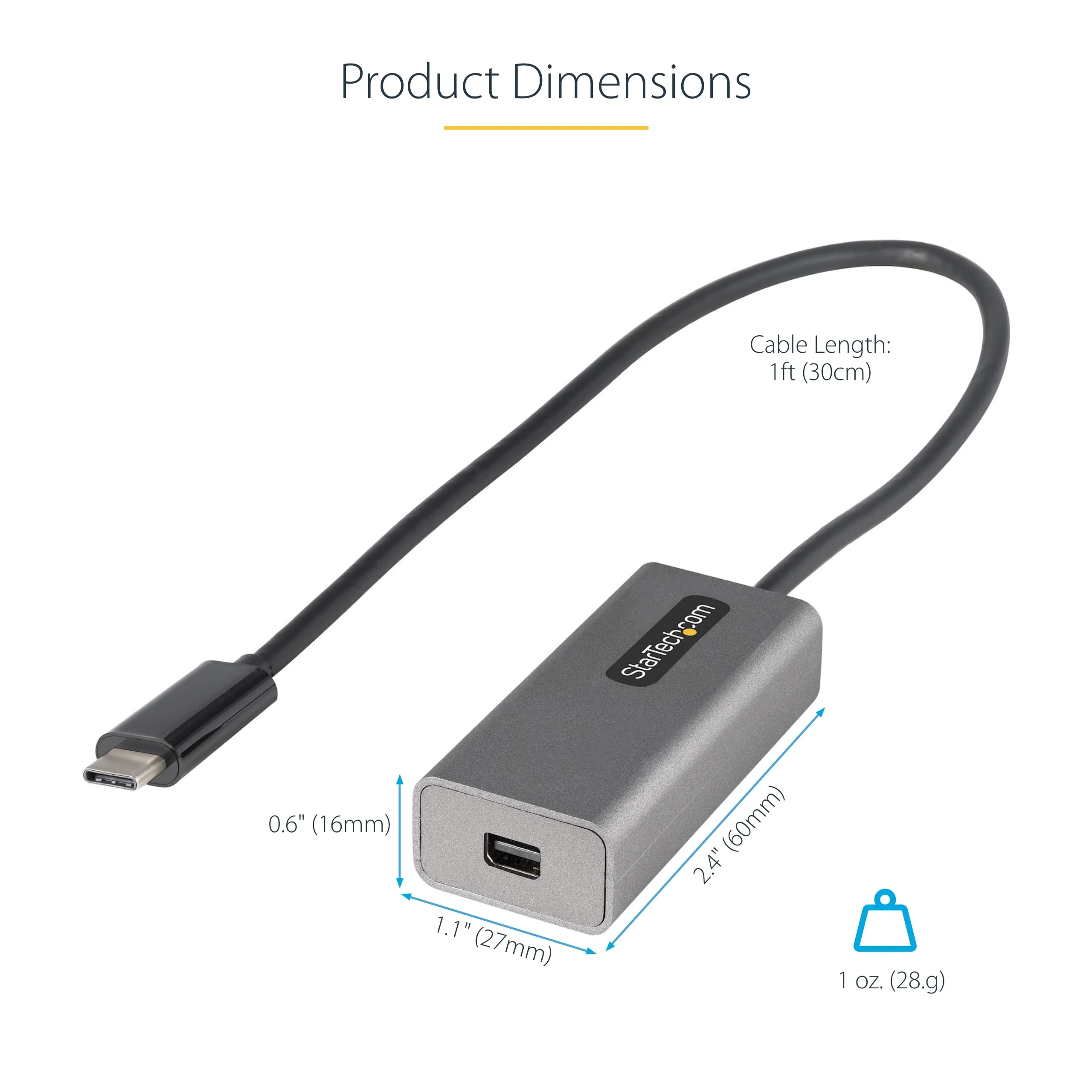StarTech.com USB C to Mini DisplayPort Adapter, 4K 60Hz USB Type C to mDP/Mini DP Monitor Video Converter Dongle, Thunderbolt 3 Compatible, 12" Attached Cable, Upgraded Version of CDP2MDP (CDP2MDPEC) Space Gray 12" / 30 cm - Image 5