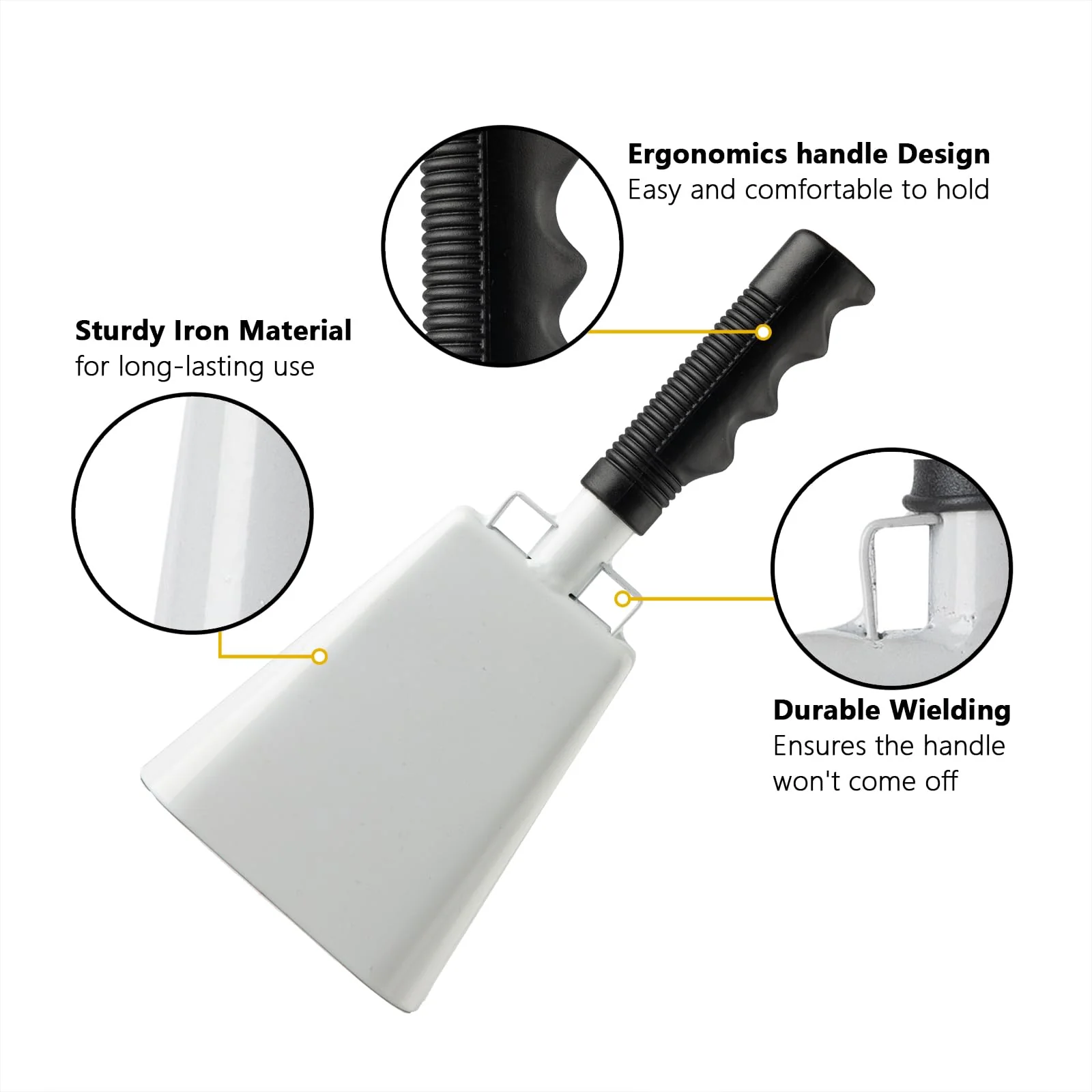 Steel Cowbell with Handle 8 Inch Cow Bells Noise Makers, 2 Pack Large Cowbells for Sporting Events, Hand Percussion Cowbells Cheering Bell for Football Game Party Concert Graduation School (White) White - Image 2