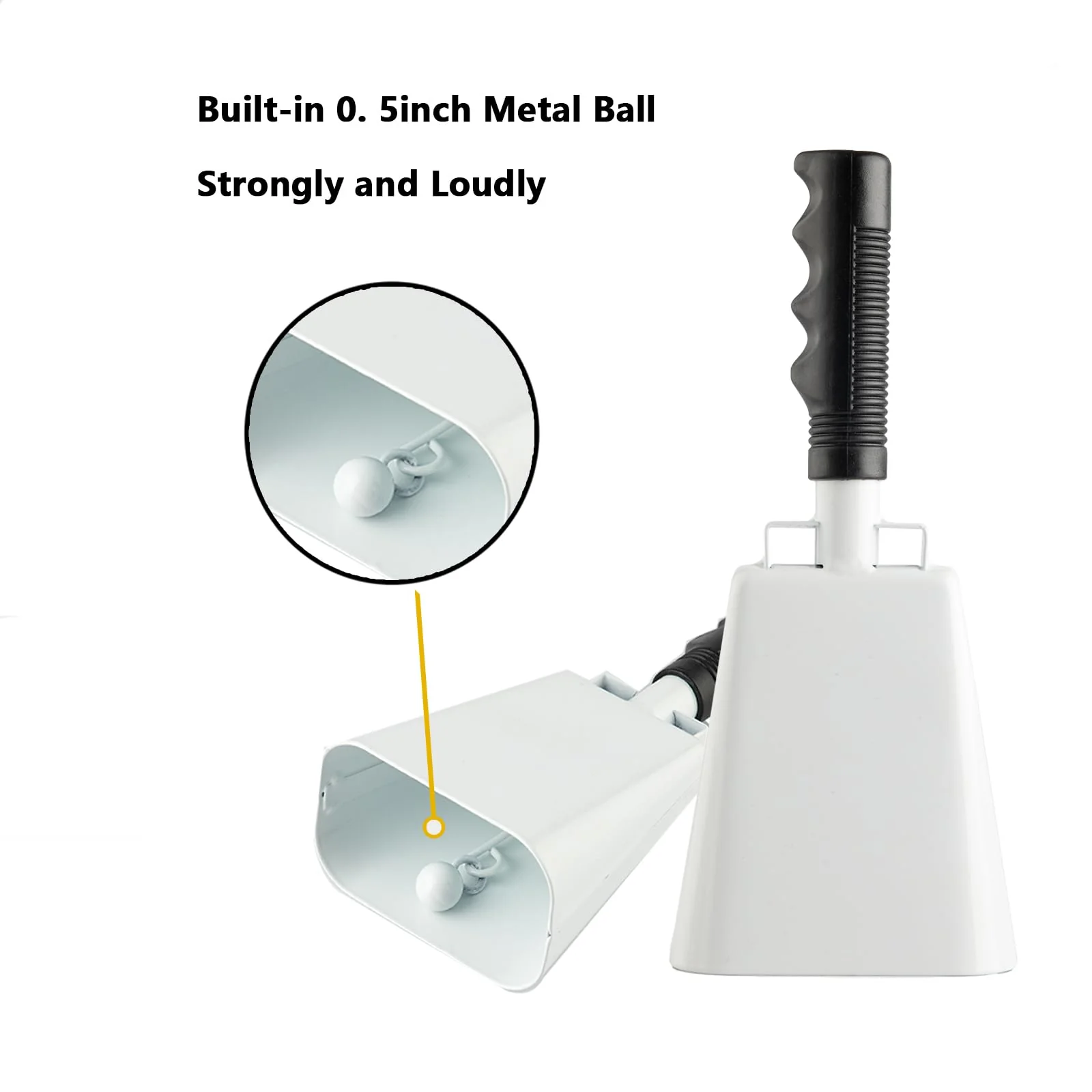 Steel Cowbell with Handle 8 Inch Cow Bells Noise Makers, 2 Pack Large Cowbells for Sporting Events, Hand Percussion Cowbells Cheering Bell for Football Game Party Concert Graduation School (White) White - Image 3