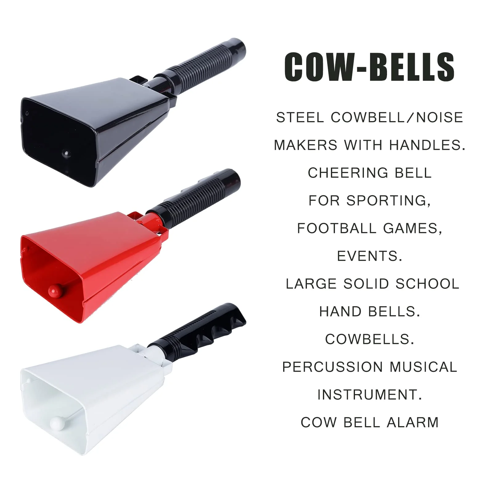 Steel Cowbell with Handle 8 Inch Cow Bells Noise Makers, 2 Pack Large Cowbells for Sporting Events, Hand Percussion Cowbells Cheering Bell for Football Game Party Concert Graduation School (White) White - Image 7