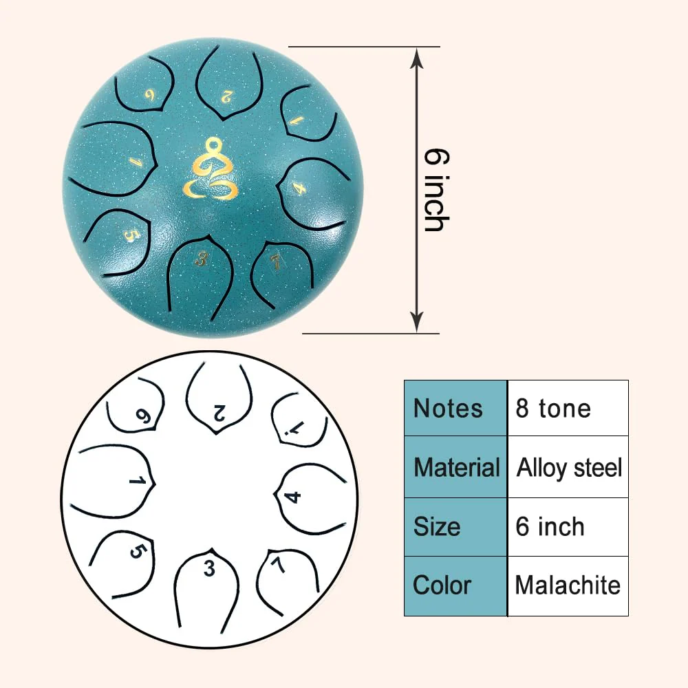 Steel Tongue Drum 6 Inches 8 Notes C Major Steel Drums Rain Chimes for Outside Percussion Instrument with Drum Mallets and Carry Bag 6 Inch 8 Notes C Major Malachite Green - Image 2