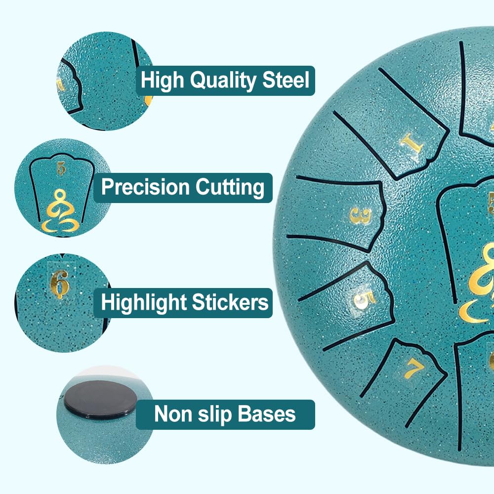 Steel Tongue Drum for Kids, 6 Inches 11 Notes Rain Drum for Garden with Music Book, Drum Mallets Meditation Rain Chime,Musical Instrument for Adults 6 Inch 11 Notes-D Major Malachite Green - Image 3