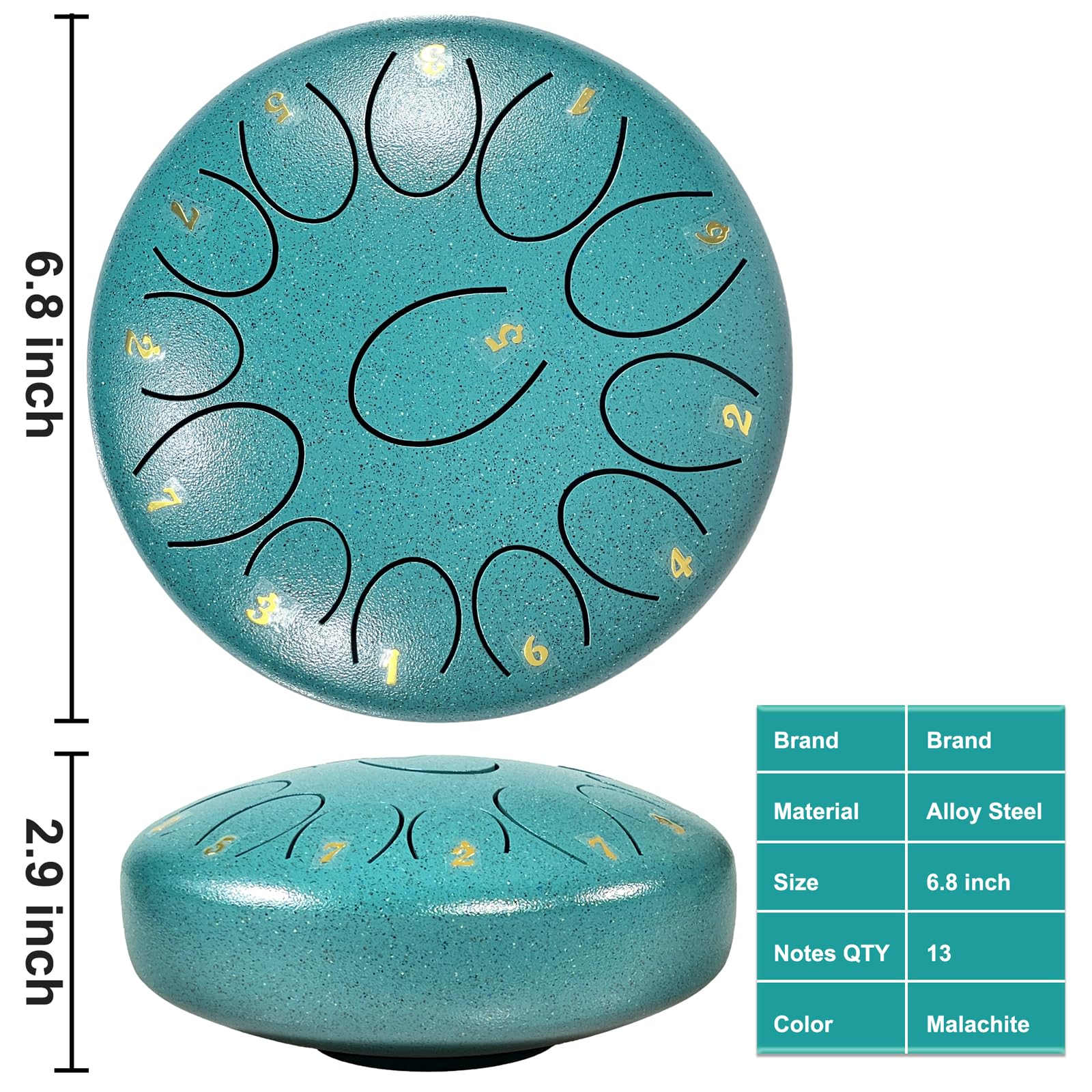 Steel Tongue Drum Musical Percussion Instrument, Rain Drum for Outside - Musician Gift for Family and Friends (malachite, 13 Notes 6.8 Inches) malachite - Image 3