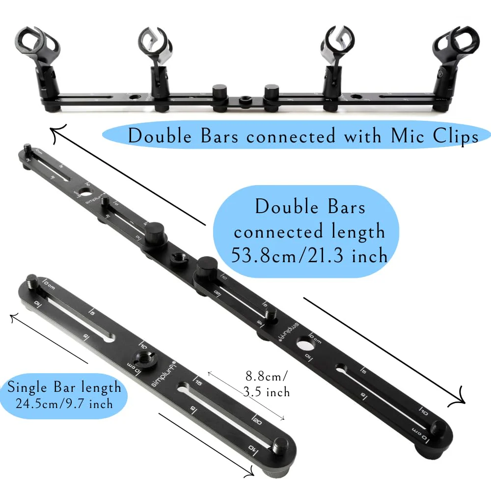 Stereo Array Spacing Bar Microphone Holder with Ruled Markings Assembled - Mount 4 Mics - X-Y and ORTF Mic T-Bar Bracket, Fits 3/8" and 5/8" Mic Stands with Included Adapter - Image 2