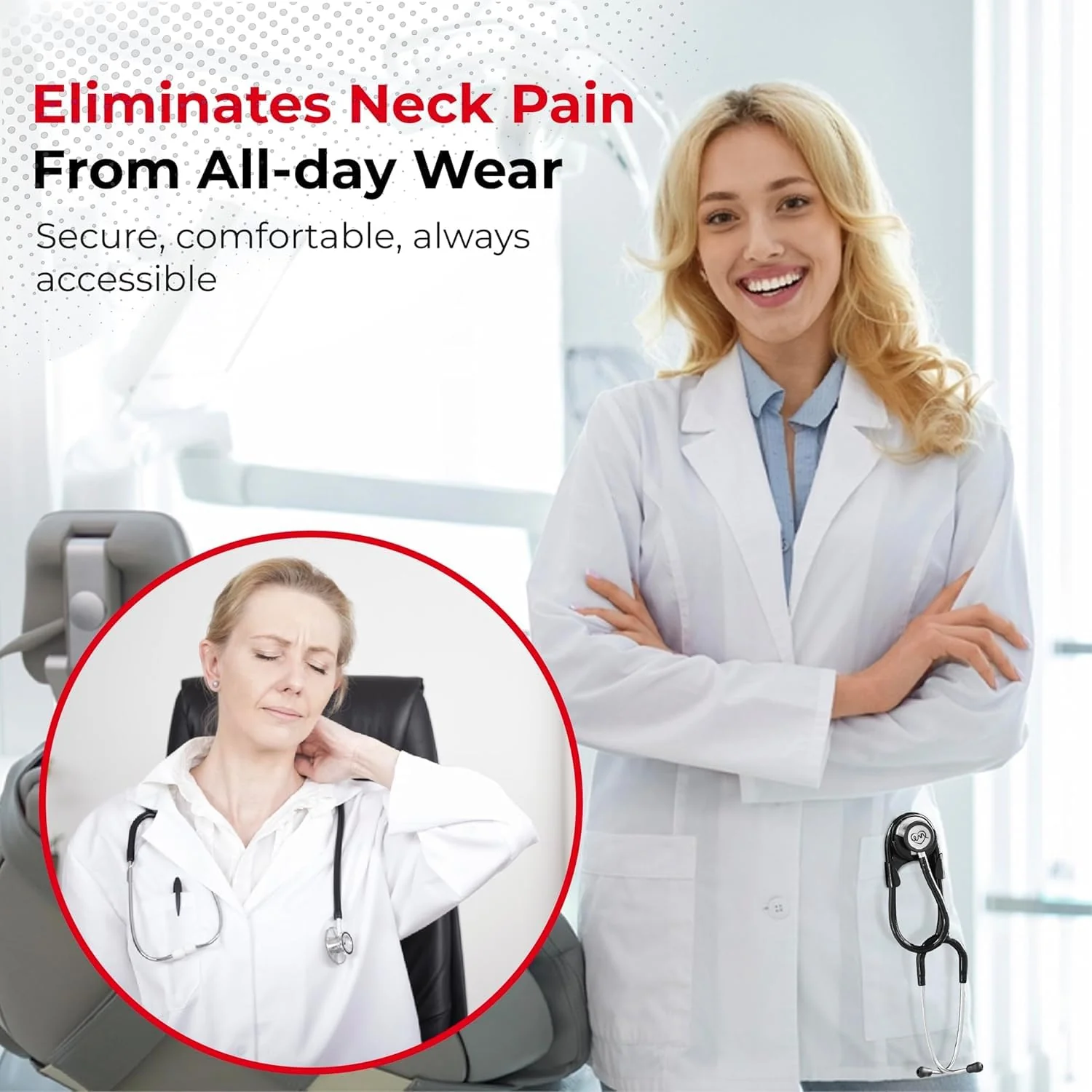 Stethoscope Holder Kit – Hip Clip with Rotating Clip for Neck Pain Relief + 3 BONUSES: Stethoscope AirTag Holder, Stethoscope Replacement Covers/Ear Pieces (Classic III & IV), and Bag Hanger Black - Image 2