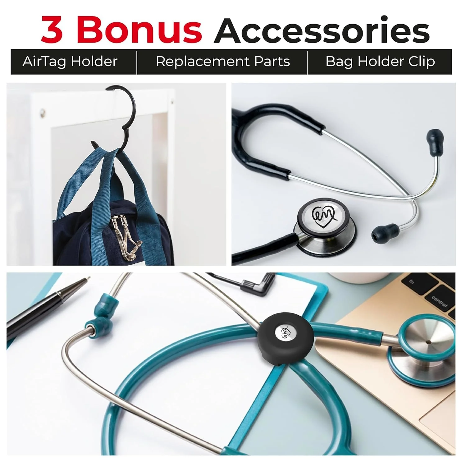 Stethoscope Holder Kit – Hip Clip with Rotating Clip for Neck Pain Relief + 3 BONUSES: Stethoscope AirTag Holder, Stethoscope Replacement Covers/Ear Pieces (Classic III & IV), and Bag Hanger Black - Image 3