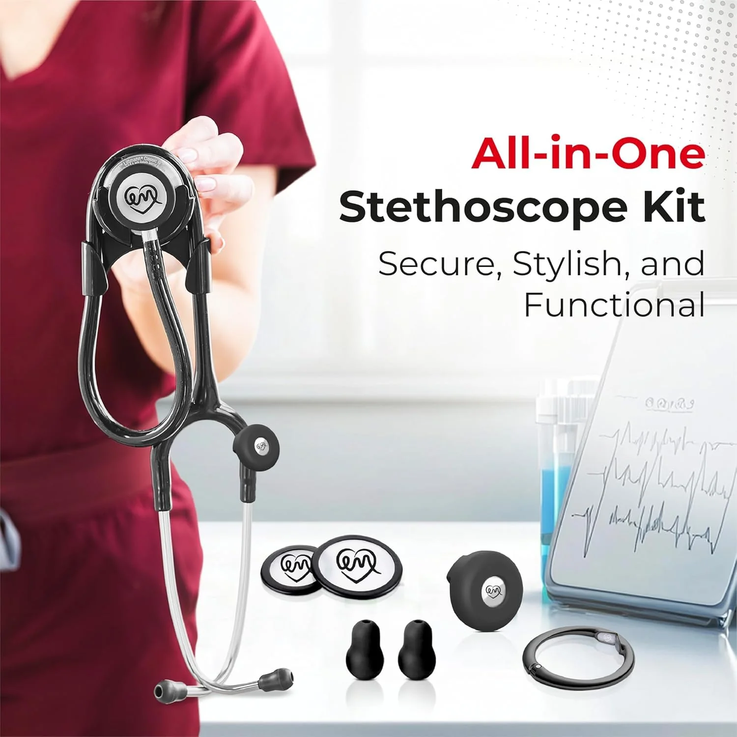 Stethoscope Holder Kit – Hip Clip with Rotating Clip for Neck Pain Relief + 3 BONUSES: Stethoscope AirTag Holder, Stethoscope Replacement Covers/Ear Pieces (Classic III & IV), and Bag Hanger Black - Image 4