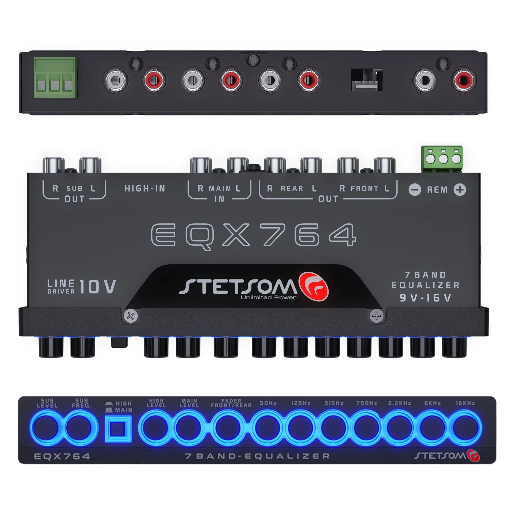 Stetsom EQX764 Graphic Equalizer 7 Band Equalization with 4 Input and 6 Output Channels, Input Channel Selection Switch (MAIN or HIGH), Level Controls for Each Input (MAIN or HIGH), Modern Blue LED - Image 2