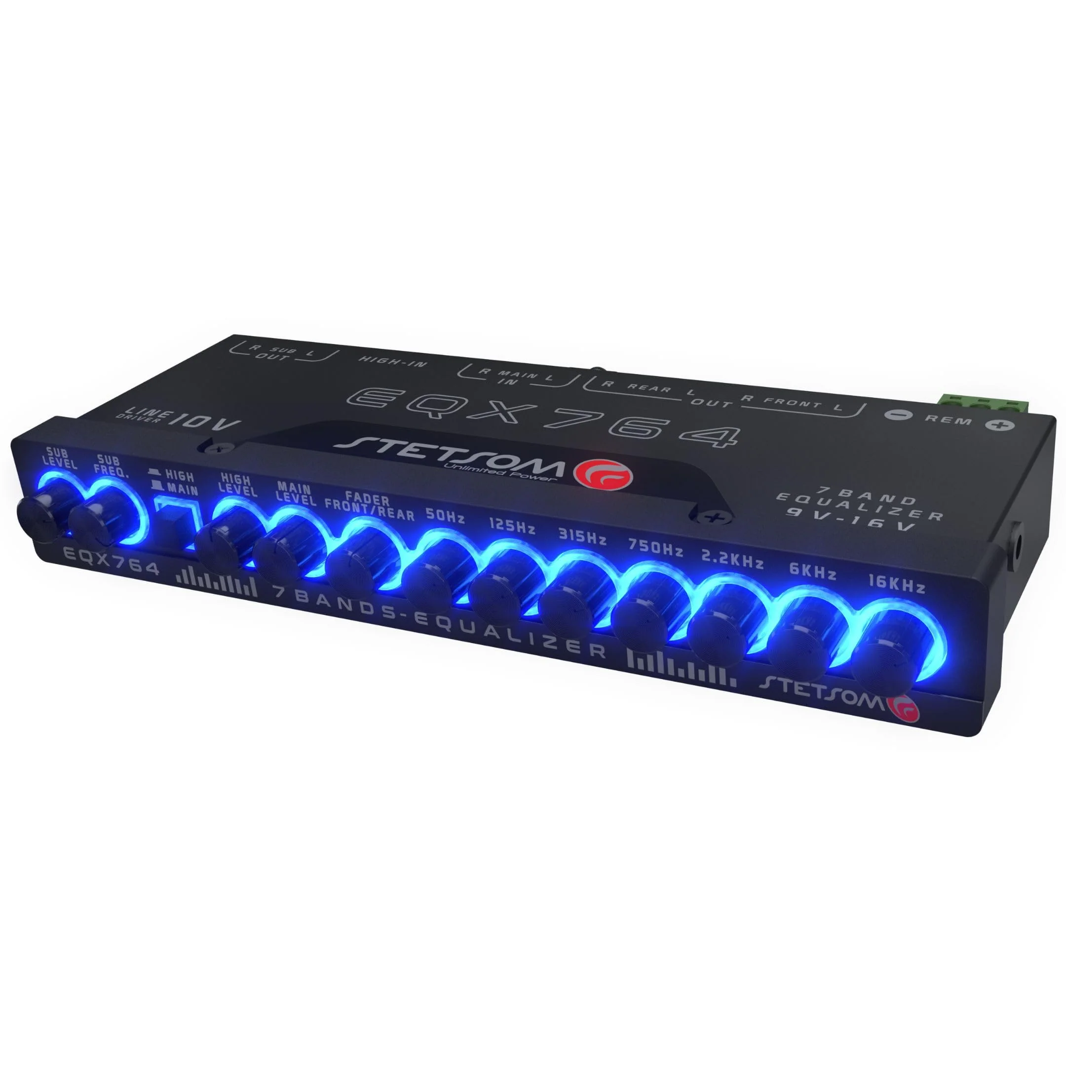 Stetsom EQX764 Graphic Equalizer 7 Band Equalization with 4 Input and 6 Output Channels, Input Channel Selection Switch (MAIN or HIGH), Level Controls for Each Input (MAIN or HIGH), Modern Blue LED - Image 3