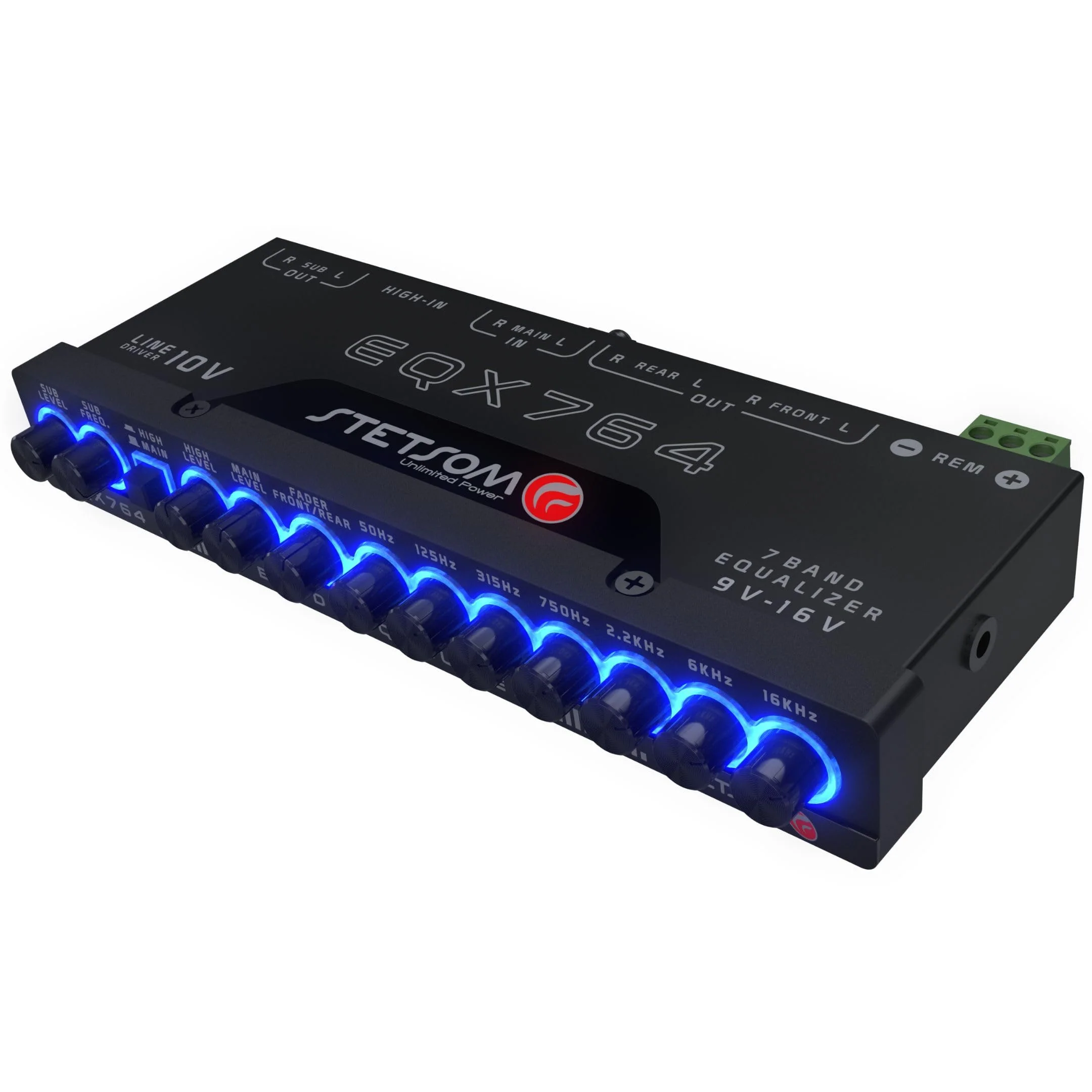 Stetsom EQX764 Graphic Equalizer 7 Band Equalization with 4 Input and 6 Output Channels, Input Channel Selection Switch (MAIN or HIGH), Level Controls for Each Input (MAIN or HIGH), Modern Blue LED - Image 5