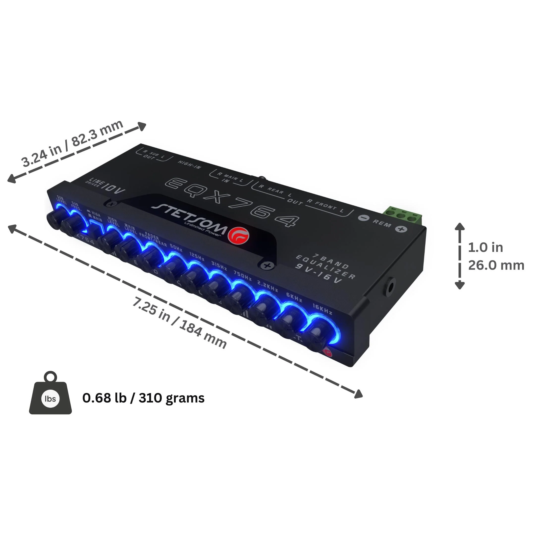 Stetsom EQX764 Graphic Equalizer 7 Band Equalization with 4 Input and 6 Output Channels, Input Channel Selection Switch (MAIN or HIGH), Level Controls for Each Input (MAIN or HIGH), Modern Blue LED - Image 6