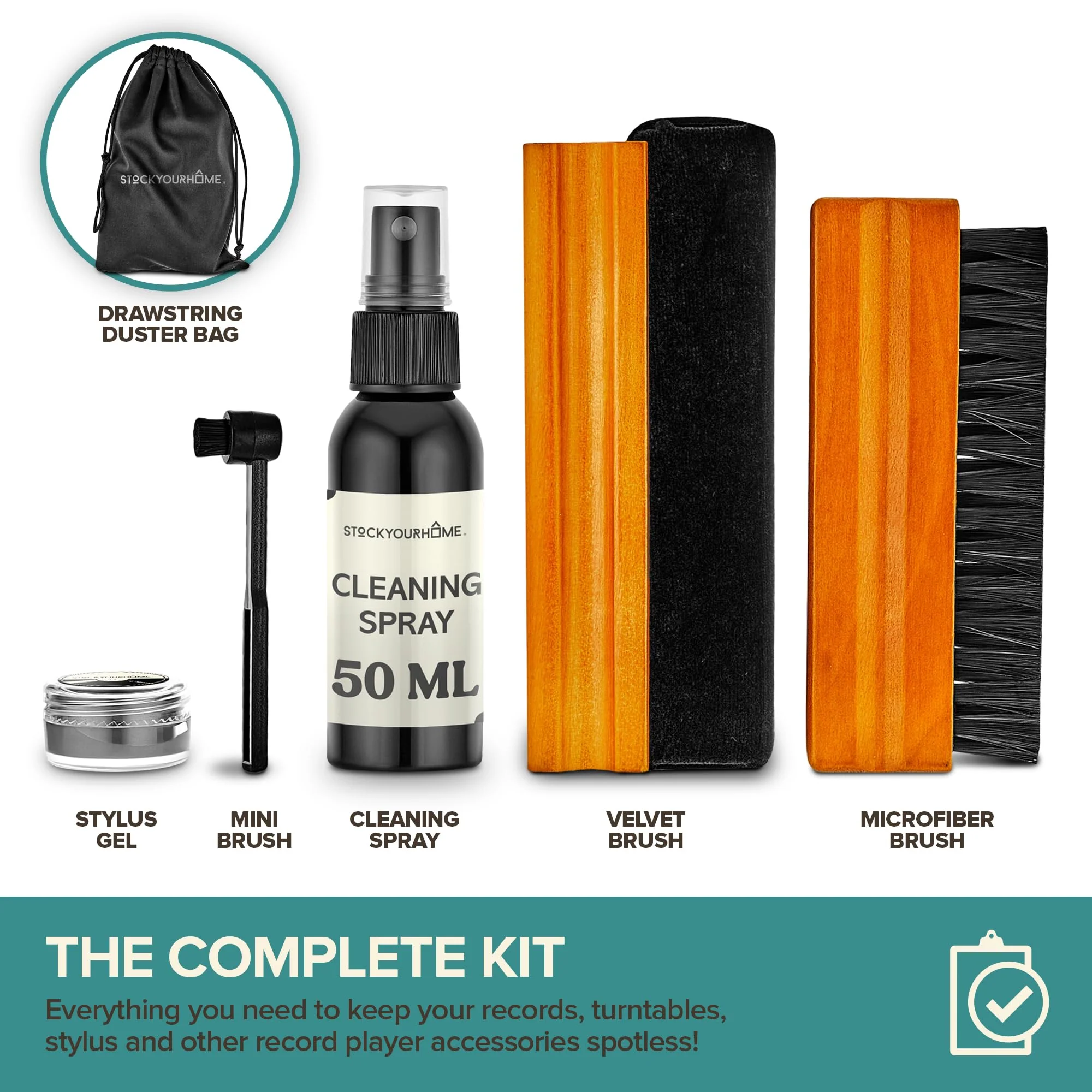Stock Your Home 6 Piece Vinyl Record Cleaning Kit, Includes Vinyl Cleaner Spray, Anti-Static & Velvet Vinyl Record Brush, Needle Cleaning Gel & Brush, and Drawstring Duster Bag - Image 2